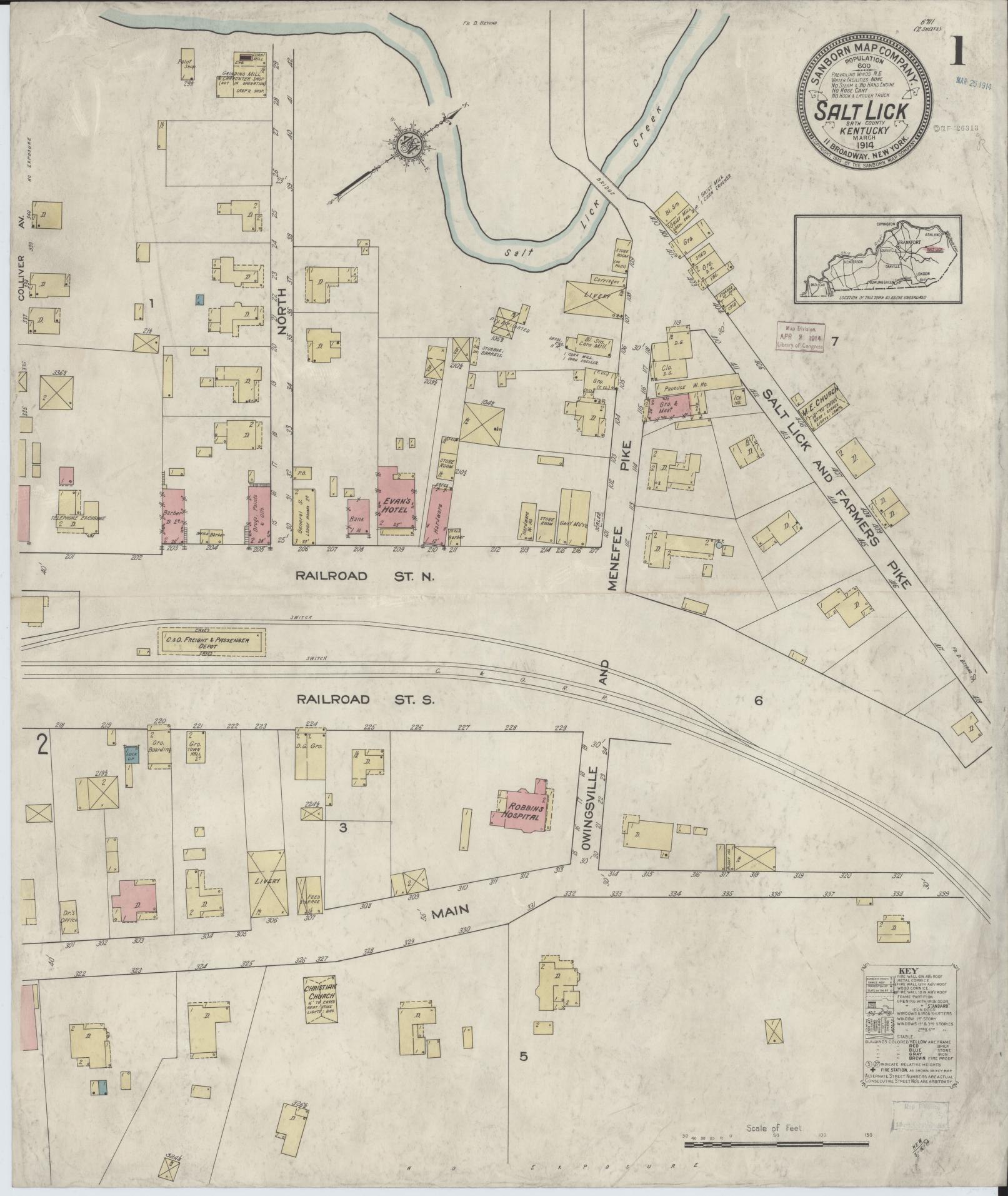 Sanborn Fire Insurance Map from Salt Lick, Bath County, Kentucky (1914), Sheet #0001 - Historic Sanborn Fire Insurance Map Print, vintage old map wall art, antique decor, genealogy gift, Kentucky Kentucky map