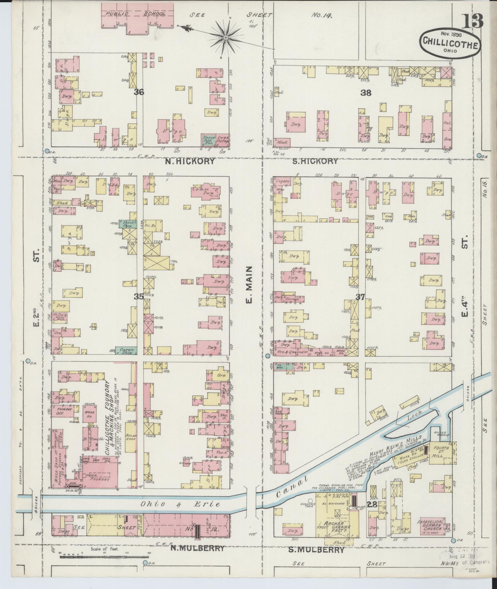 Sanborn Fire Insurance Map from Chillicothe, Ross County, Ohio (1890), Sheet #0013 - Complete Map Set gallery image, historic Sanborn map, vintage wall art, Ohio Ohio