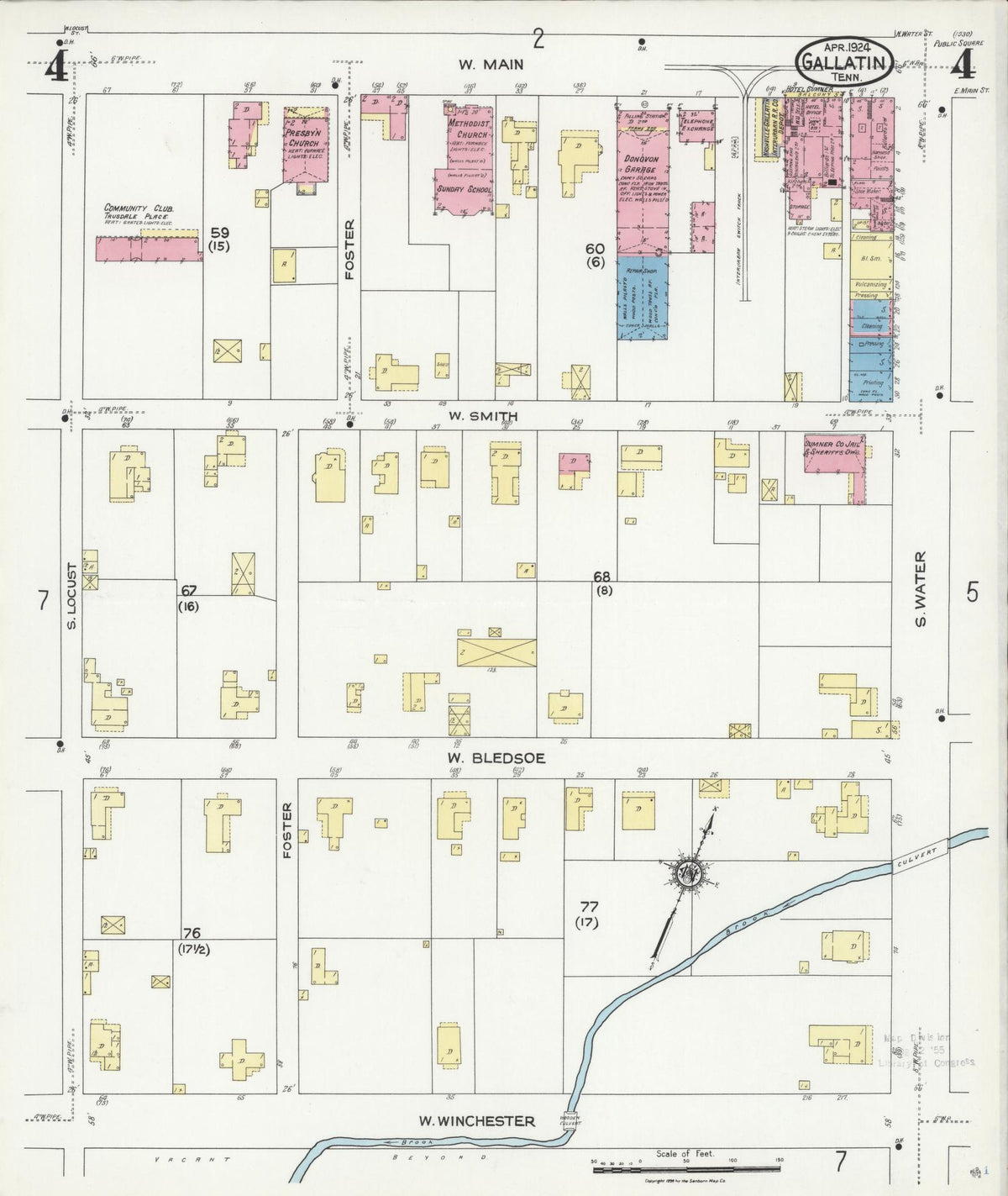 Sanborn Fire Insurance Map from Gallatin, Sumner County, Tennessee (1924), Sheet #0004 - Historic Sanborn Fire Insurance Map Print, vintage old map wall art, antique decor, genealogy gift, Tennessee Tennessee map