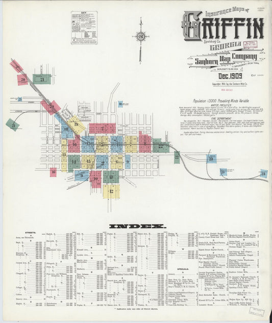 Sanborn Fire Insurance Map from Griffin, Spalding County, Georgia (1909), Sheet #0001 - Historic Sanborn Fire Insurance Map Print, vintage old map wall art, antique decor, genealogy gift, Georgia Georgia map
