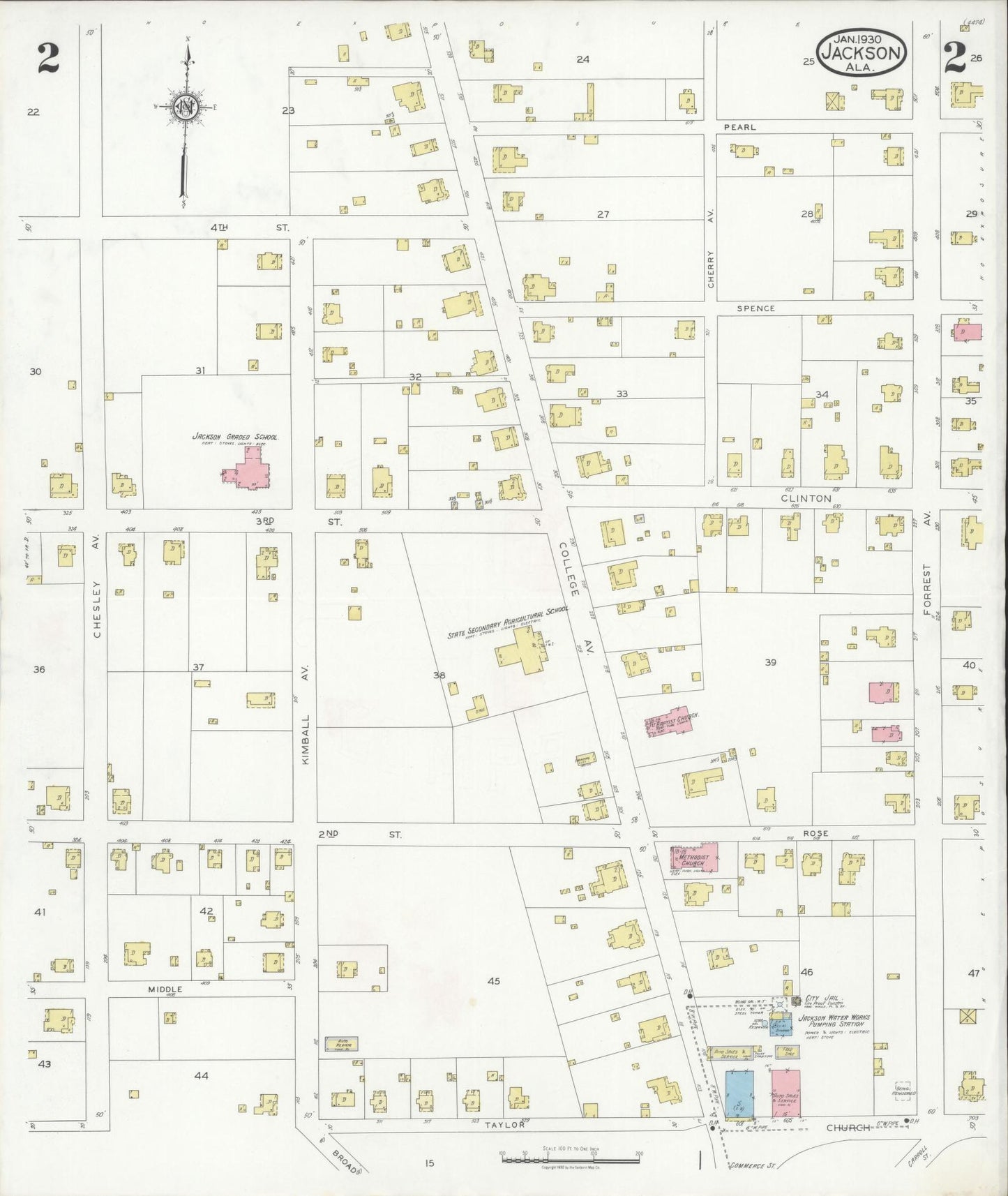 Sanborn Fire Insurance Map from Jackson, Clarke County, Alabama (1930), Sheet #0002 - Complete Map Set gallery image, historic Sanborn map, vintage wall art, Alabama Alabama