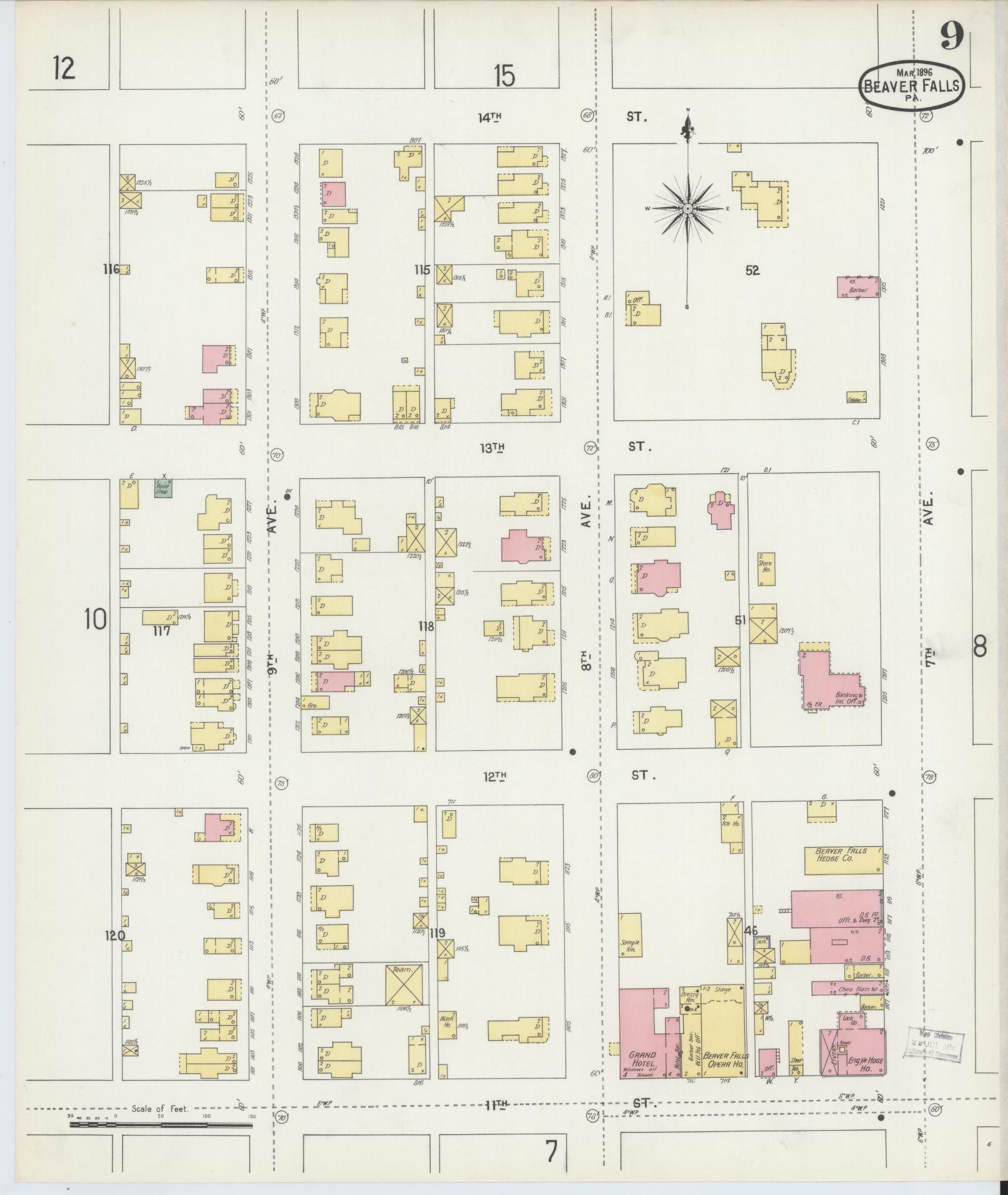 Sanborn Fire Insurance Map from Beaver Falls, Beaver County, Pennsylvania (1896), Sheet #0009 - Historic Sanborn Fire Insurance Map Print, vintage old map wall art, antique decor, genealogy gift, Pennsylvania Pennsylvania map