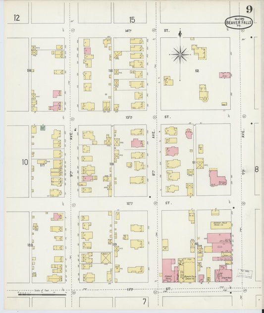 Sanborn Fire Insurance Map from Beaver Falls, Beaver County, Pennsylvania (1896), Sheet #0009 - Historic Sanborn Fire Insurance Map Print, vintage old map wall art, antique decor, genealogy gift, Pennsylvania Pennsylvania map