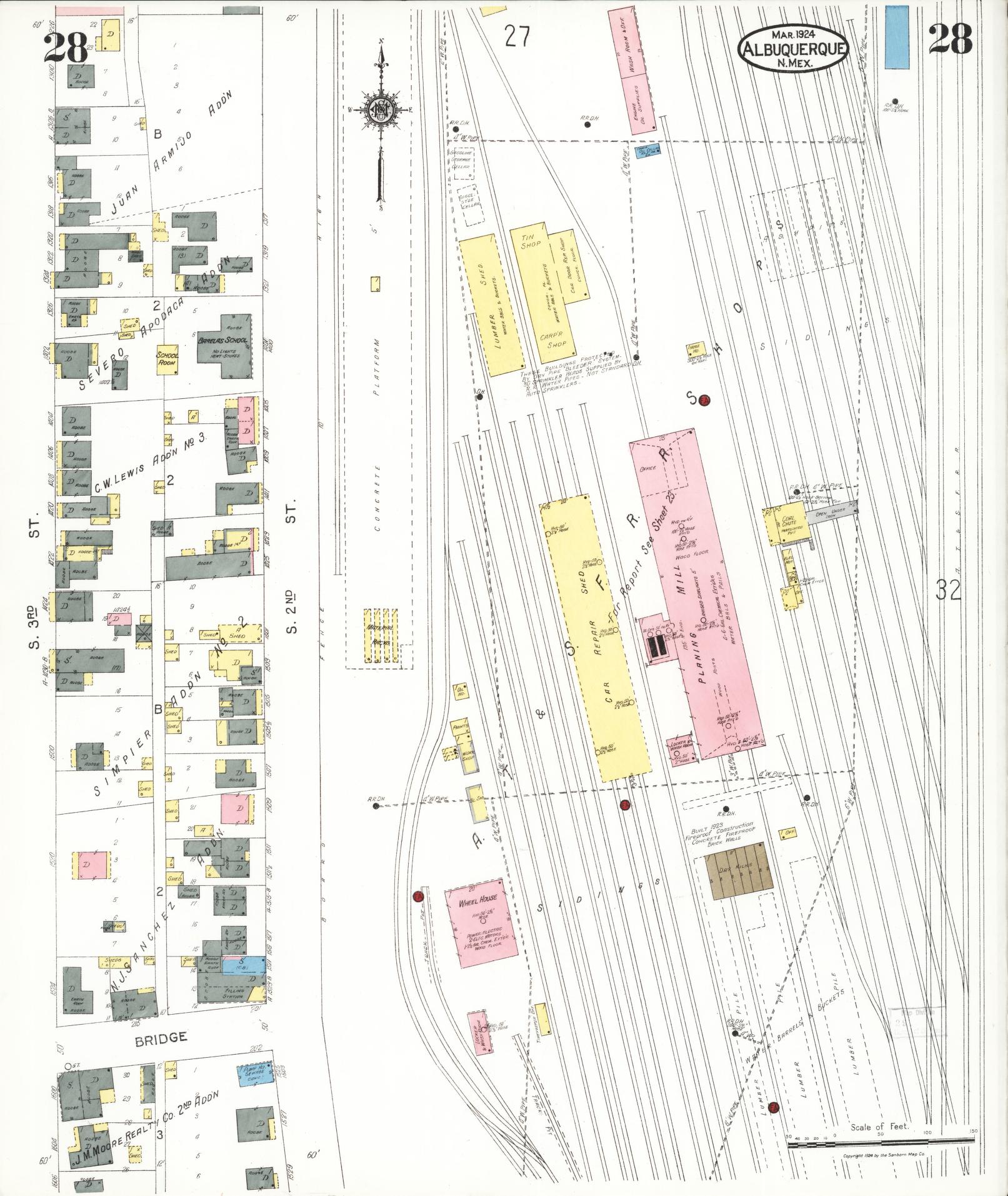 Sanborn Fire Insurance Map from Albuquerque, Bernalillo County, New Mexico (1924), Sheet #0028 - Historic Sanborn Fire Insurance Map Print, vintage old map wall art, antique decor, genealogy gift, New Mexico New Mexico map