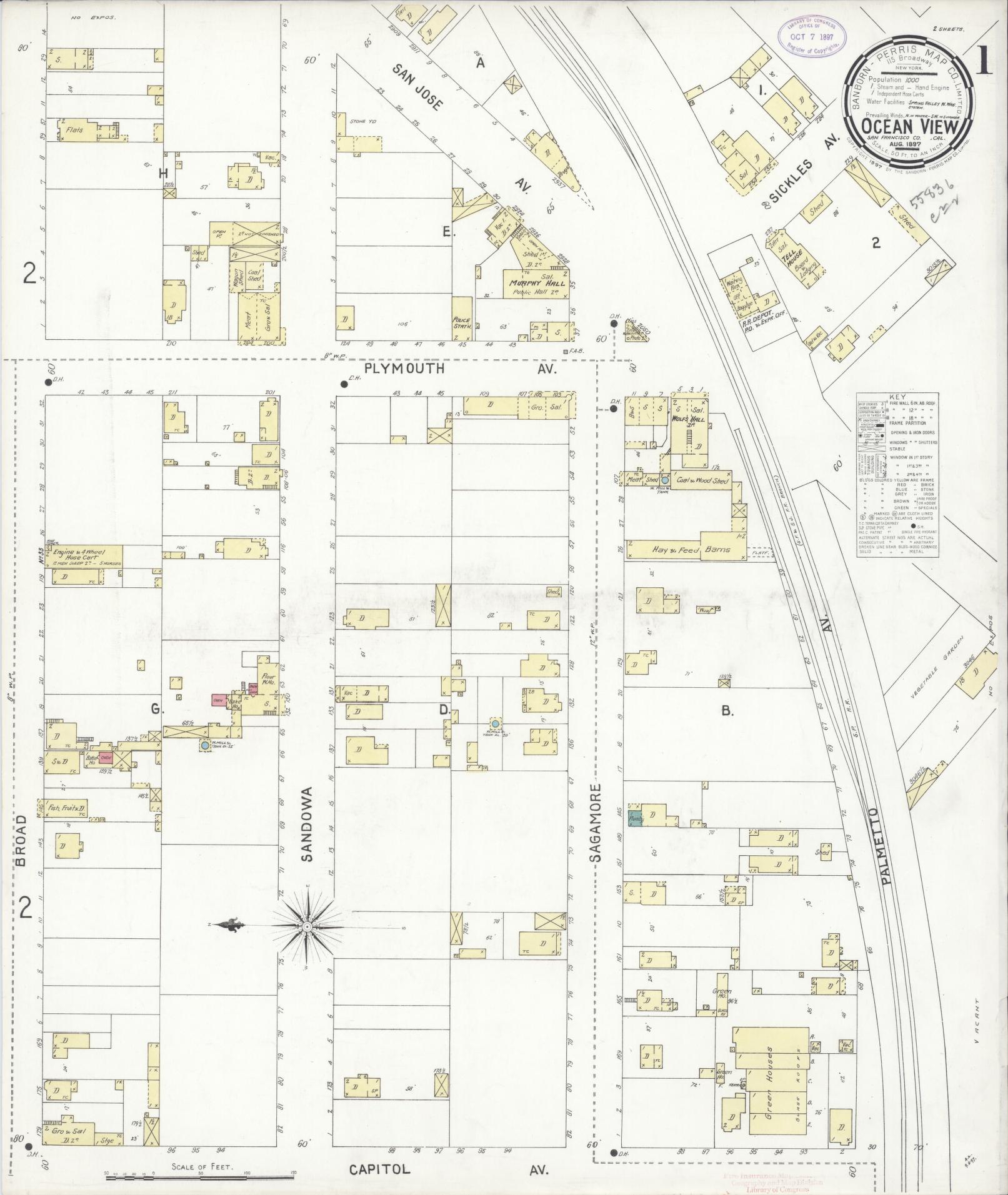 Sanborn Fire Insurance Map from Ocean View, San Francisco County, California (1897), Sheet #0001 - Complete Map Set gallery image, historic Sanborn map, vintage wall art, California California