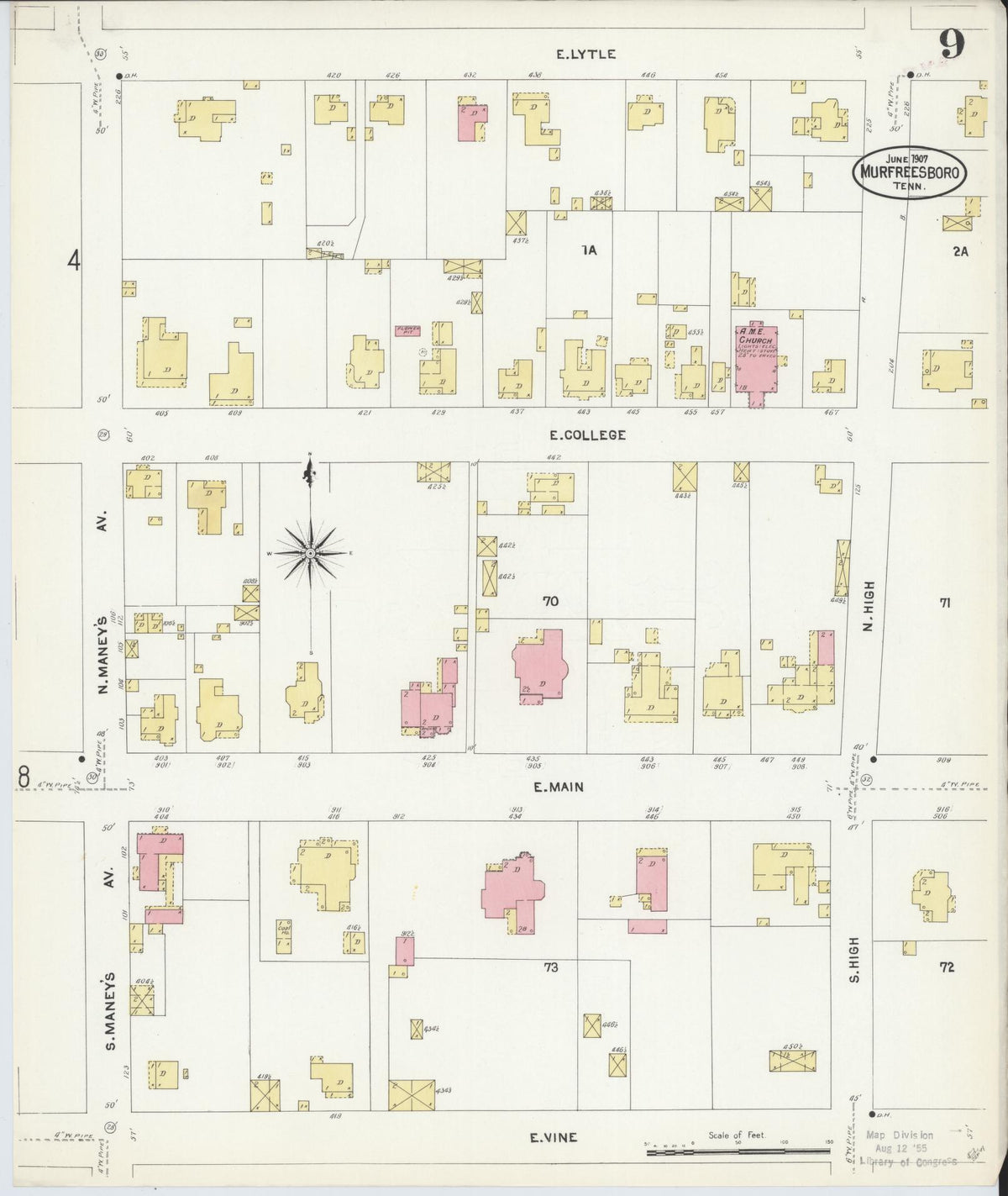 Sanborn Fire Insurance Map from Murfreesboro, Rutherford County, Tennessee (1907), Sheet #0009 - Complete Map Set gallery image, historic Sanborn map, vintage wall art, Tennessee Tennessee
