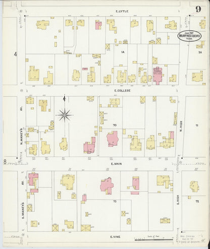 Sanborn Fire Insurance Map from Murfreesboro, Rutherford County, Tennessee (1907), Sheet #0009 - Complete Map Set gallery image, historic Sanborn map, vintage wall art, Tennessee Tennessee