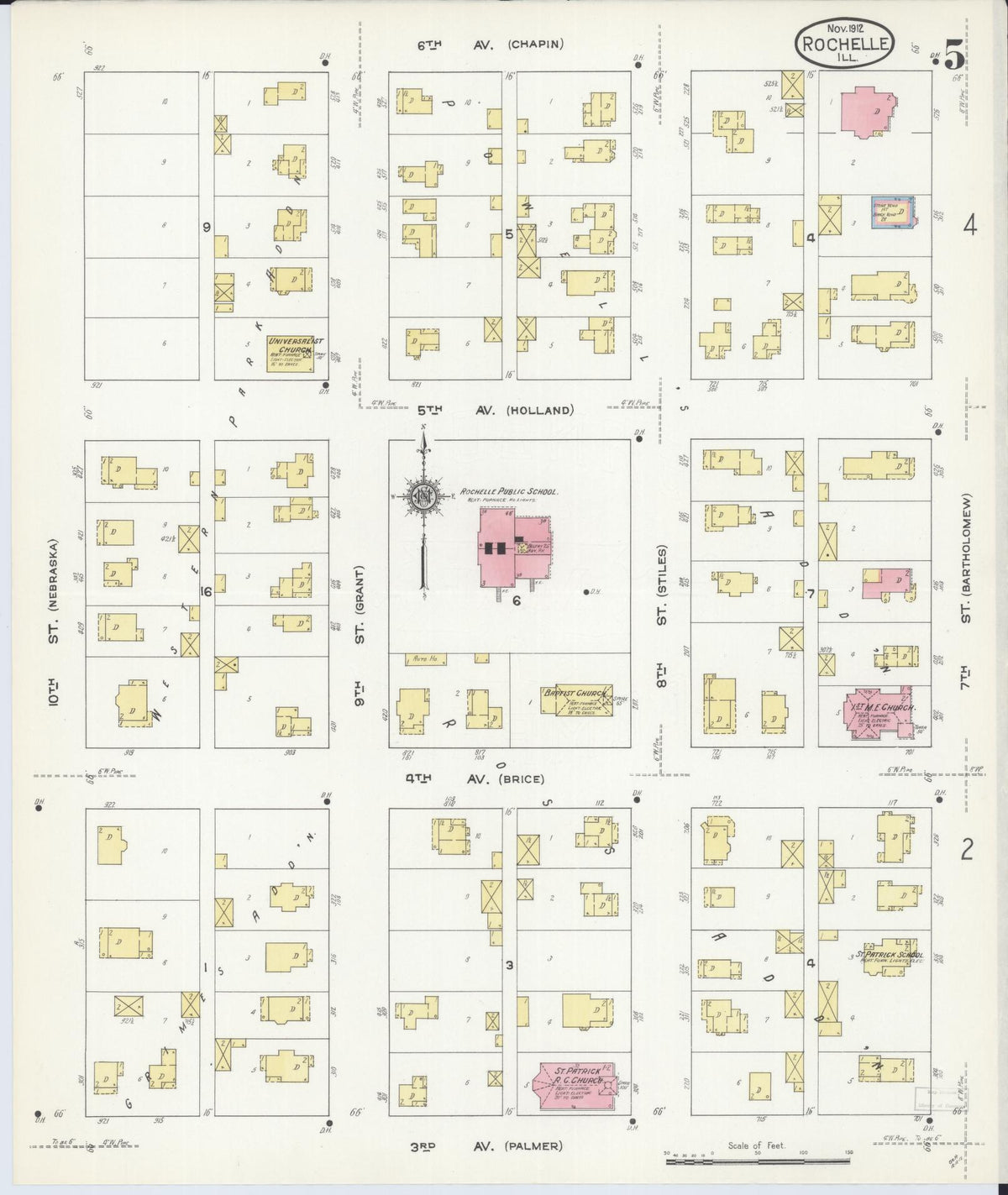 Sanborn Fire Insurance Map from Rochelle, Ogle County, Illinois (1912), Sheet #0005 - Complete Map Set gallery image, historic Sanborn map, vintage wall art, Illinois Illinois