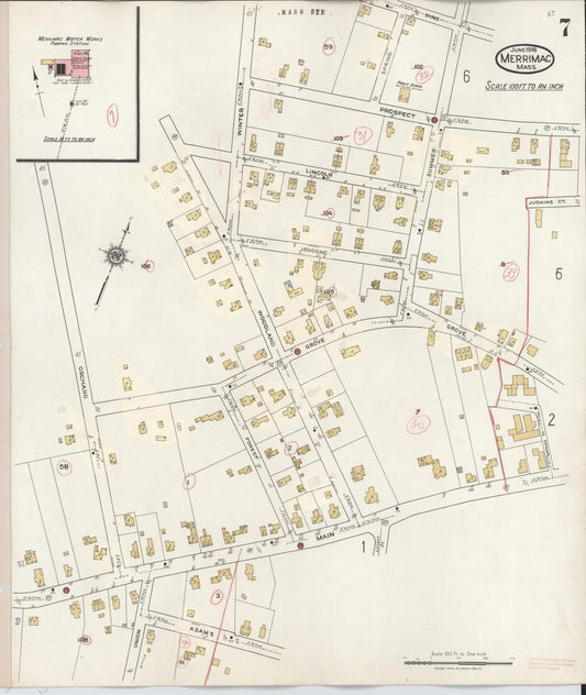 Sanborn Fire Insurance Map from Merrimac, Essex County, Massachusetts (1934), Sheet #0007 - Historic Sanborn Fire Insurance Map Print, vintage old map wall art, antique decor, genealogy gift, Massachusetts Massachusetts map