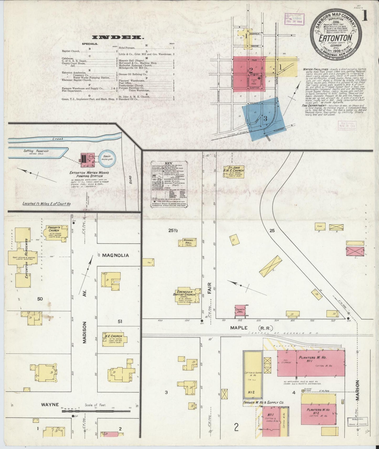 Sanborn Fire Insurance Map from Eatonton, Putnam County, Georgia (1909), Sheet #0001 - Complete Map Set gallery image, historic Sanborn map, vintage wall art, Georgia Georgia