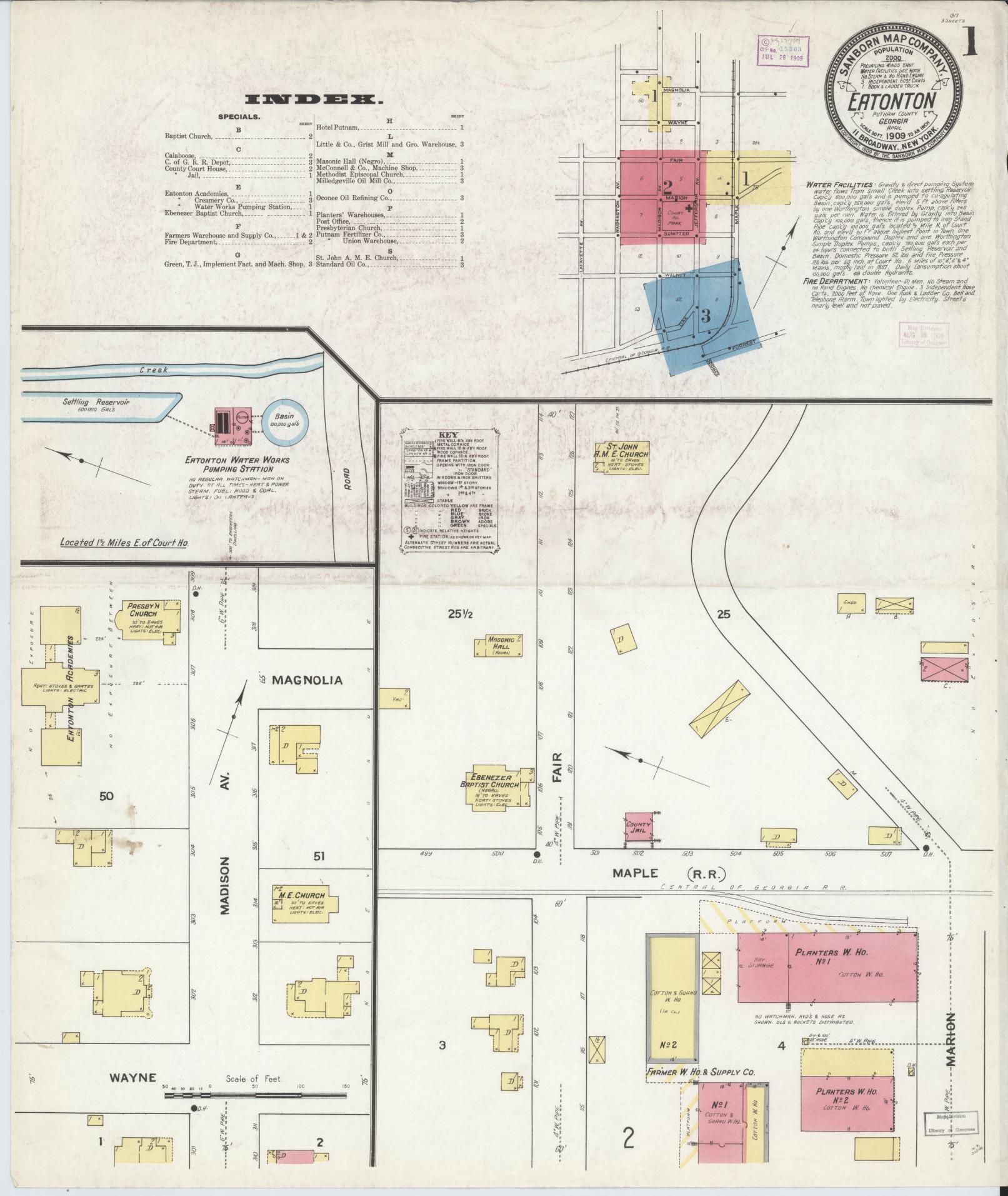 Sanborn Fire Insurance Map from Eatonton, Putnam County, Georgia (1909), Sheet #0001 - Complete Map Set gallery image, historic Sanborn map, vintage wall art, Georgia Georgia