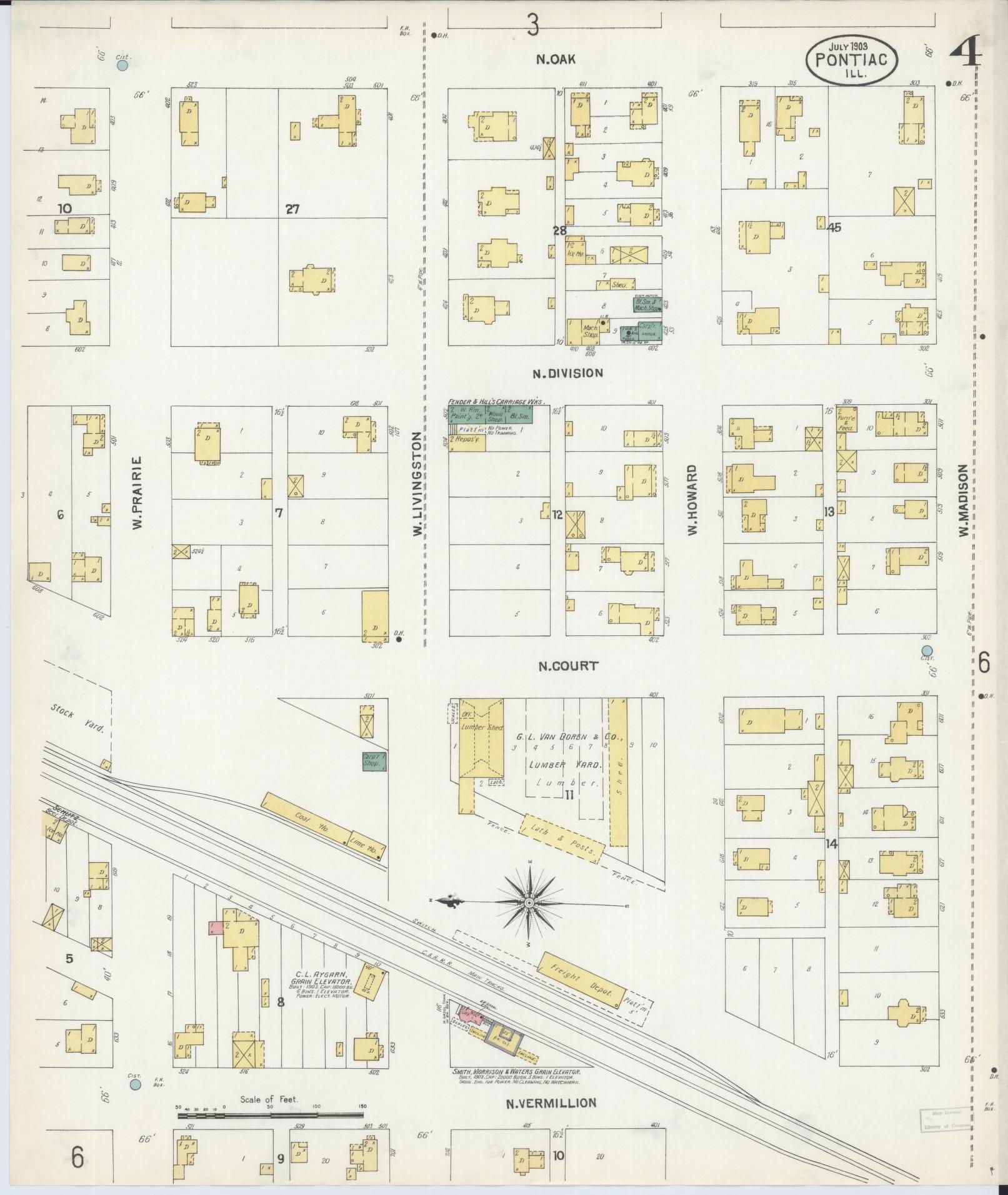 Sanborn Fire Insurance Map from Pontiac, Livingston County, Illinois (1903), Sheet #0004 - Complete Map Set gallery image, historic Sanborn map, vintage wall art, Illinois Illinois