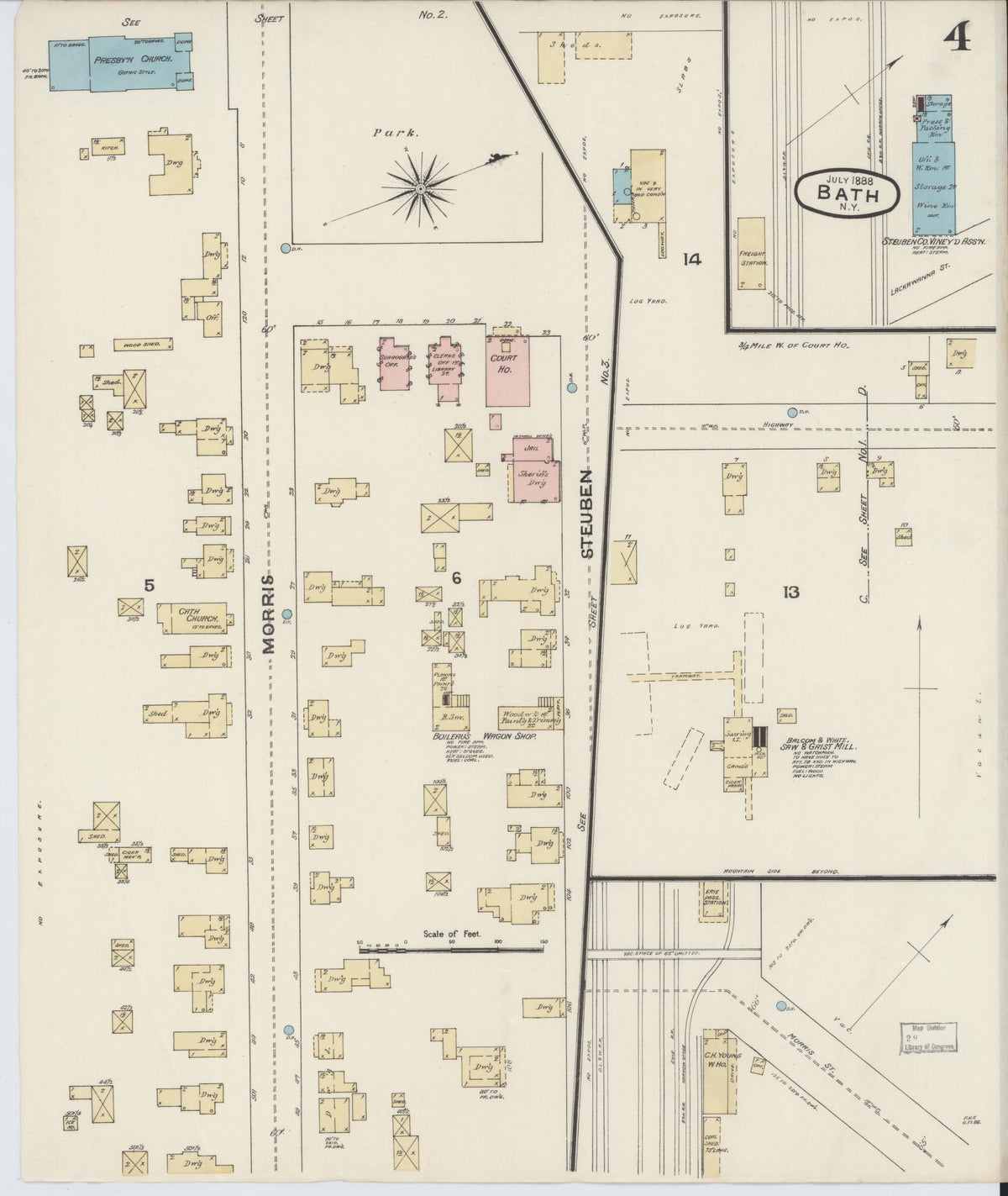 Sanborn Fire Insurance Map from Bath, Steuben County, New York (1888), Sheet #0004 - Complete Map Set gallery image, historic Sanborn map, vintage wall art, New York New York