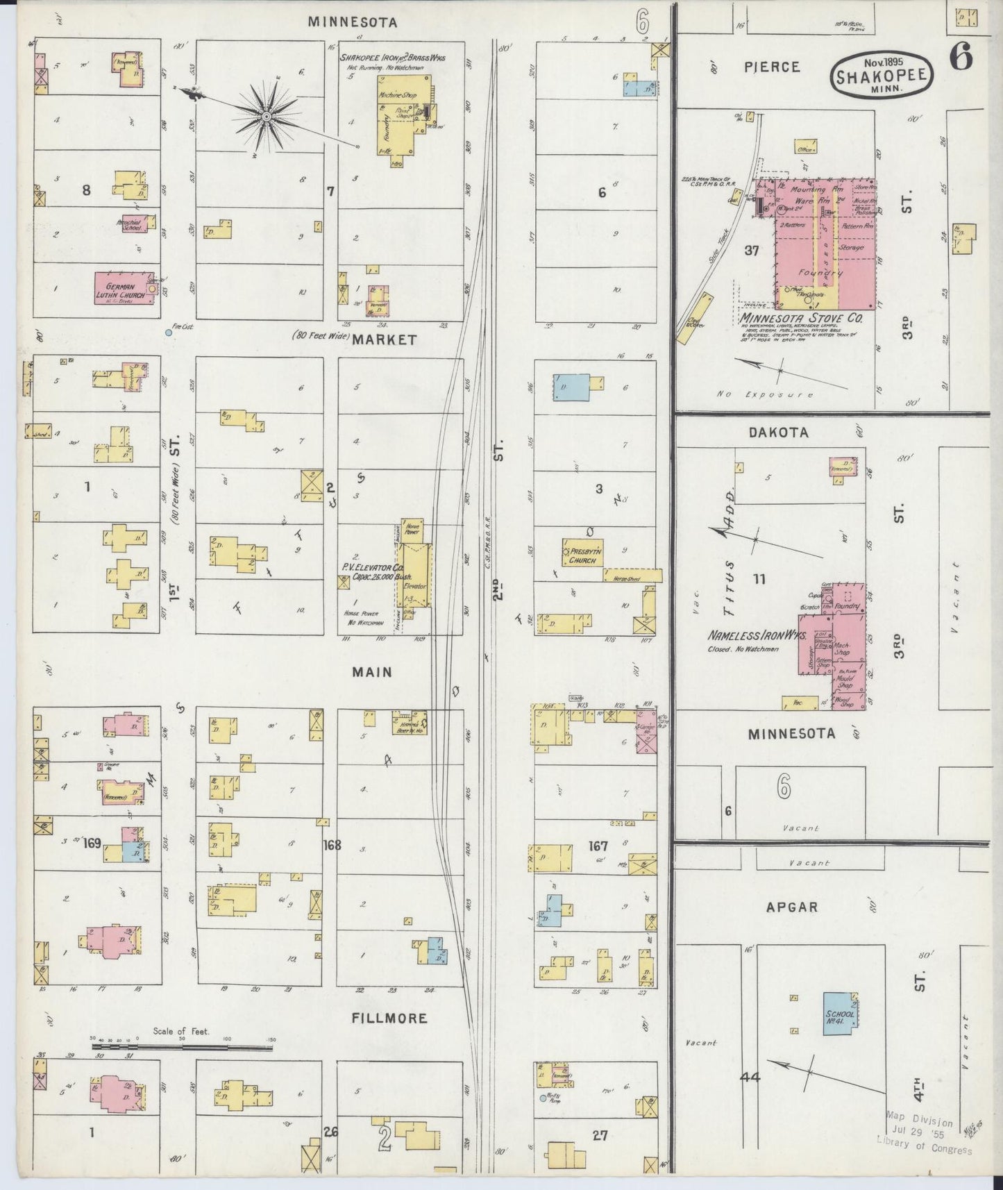 Sanborn Fire Insurance Map from Shakopee, Scott County, Minnesota (1895), Sheet #0006 - Complete Map Set gallery image, historic Sanborn map, vintage wall art, Minnesota Minnesota