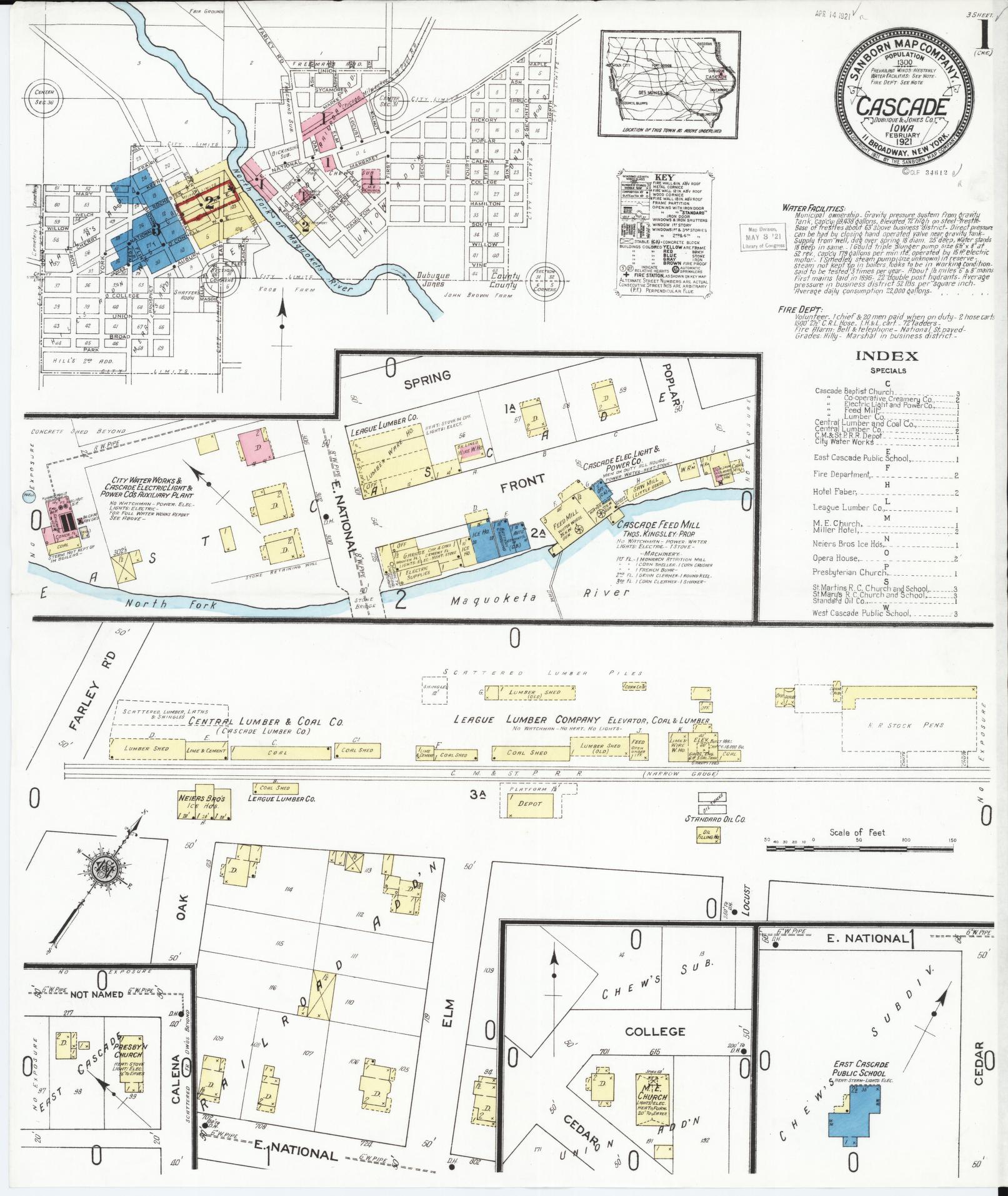 Sanborn Fire Insurance Map from Cascade, Dubuque and Jones Counties, Iowa (1921), Sheet #0001 - Historic Sanborn Fire Insurance Map Print, vintage old map wall art
