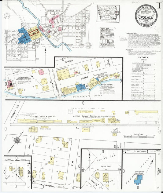 Sanborn Fire Insurance Map from Cascade, Dubuque and Jones Counties, Iowa (1921), Sheet #0001 - Historic Sanborn Fire Insurance Map Print, vintage old map wall art