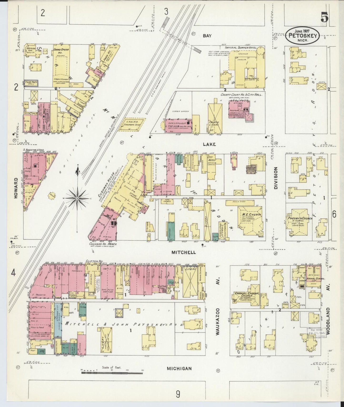 Sanborn Fire Insurance Map from Petoskey, Emmet County, Michigan (1907), Sheet #0005 - Complete Map Set gallery image, historic Sanborn map, vintage wall art, Michigan Michigan