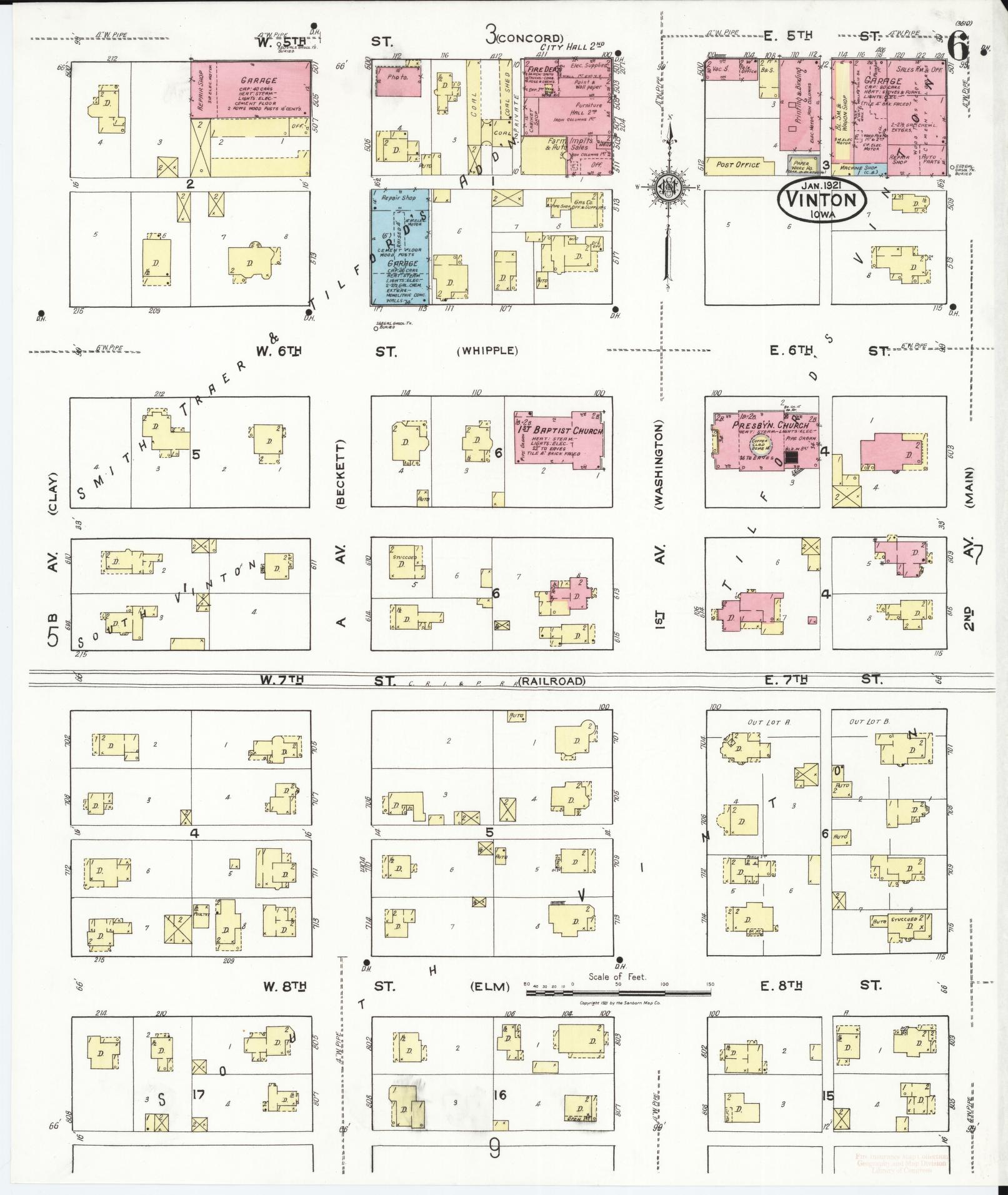 Sanborn Fire Insurance Map from Vinton, Benton County, Iowa (1921), Sheet #0006 - Historic Sanborn Fire Insurance Map Print, vintage old map wall art