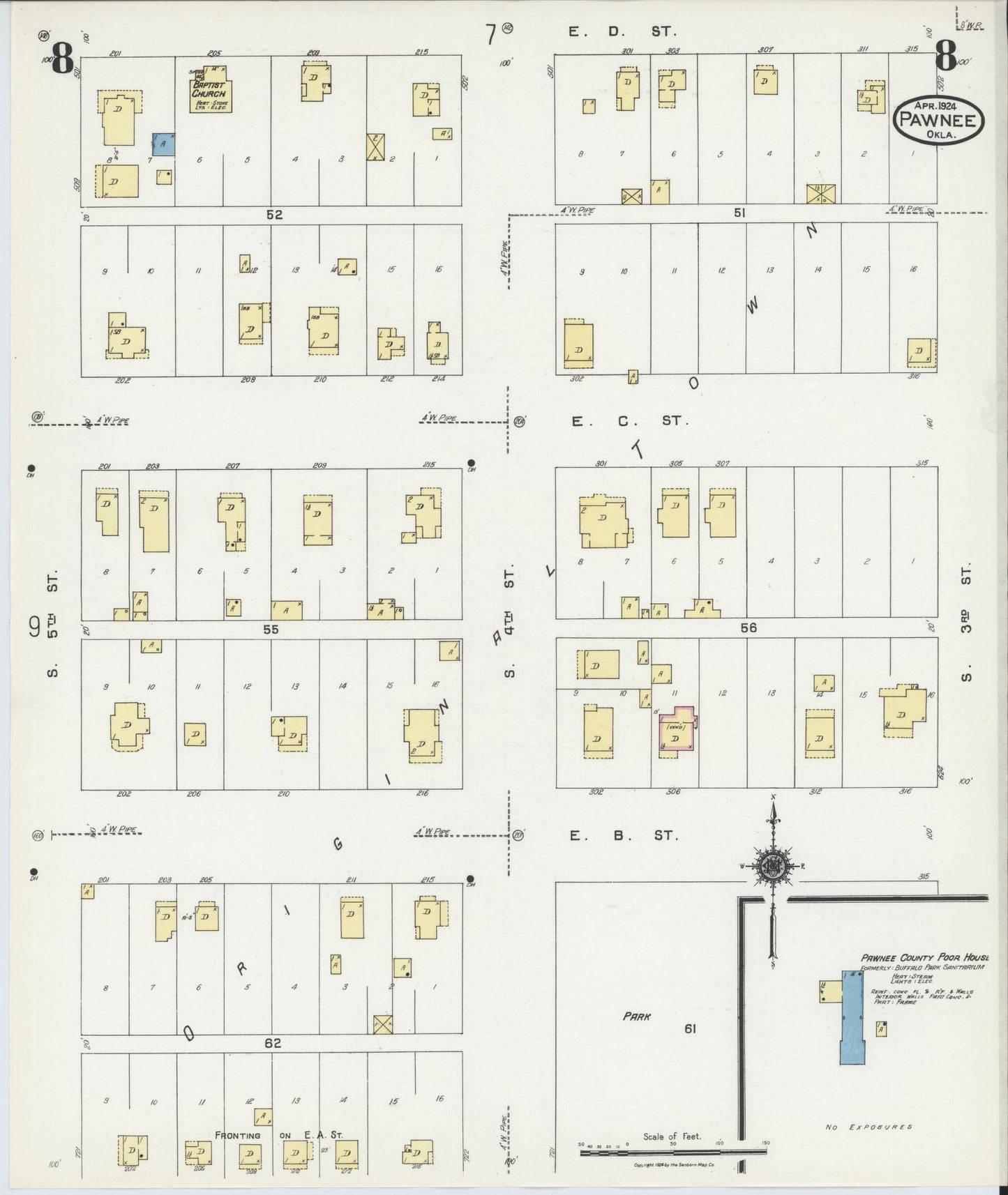Sanborn Fire Insurance Map from Pawnee, Pawnee County, Oklahoma (1924), Sheet #0008 - Complete Map Set gallery image, historic Sanborn map, vintage wall art, Oklahoma Oklahoma