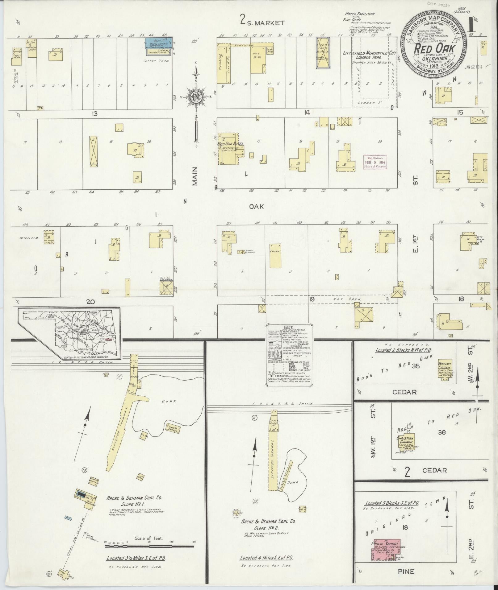 Sanborn Fire Insurance Map from Red Oak, Latimer County, Oklahoma (1913), Sheet #0001 - Historic Sanborn Fire Insurance Map Print, vintage old map wall art, antique decor, genealogy gift, Oklahoma Oklahoma map