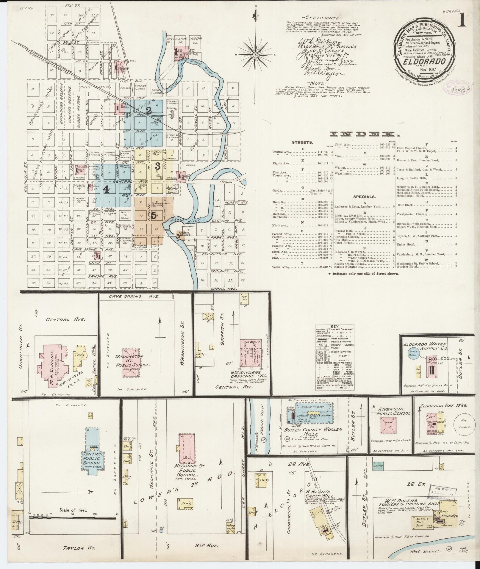 Sanborn Fire Insurance Map from El Dorado, Butler County, Kansas (1887), Sheet #0001 - Historic Sanborn Fire Insurance Map Print, vintage old map wall art, antique decor, genealogy gift, Kansas Kansas map