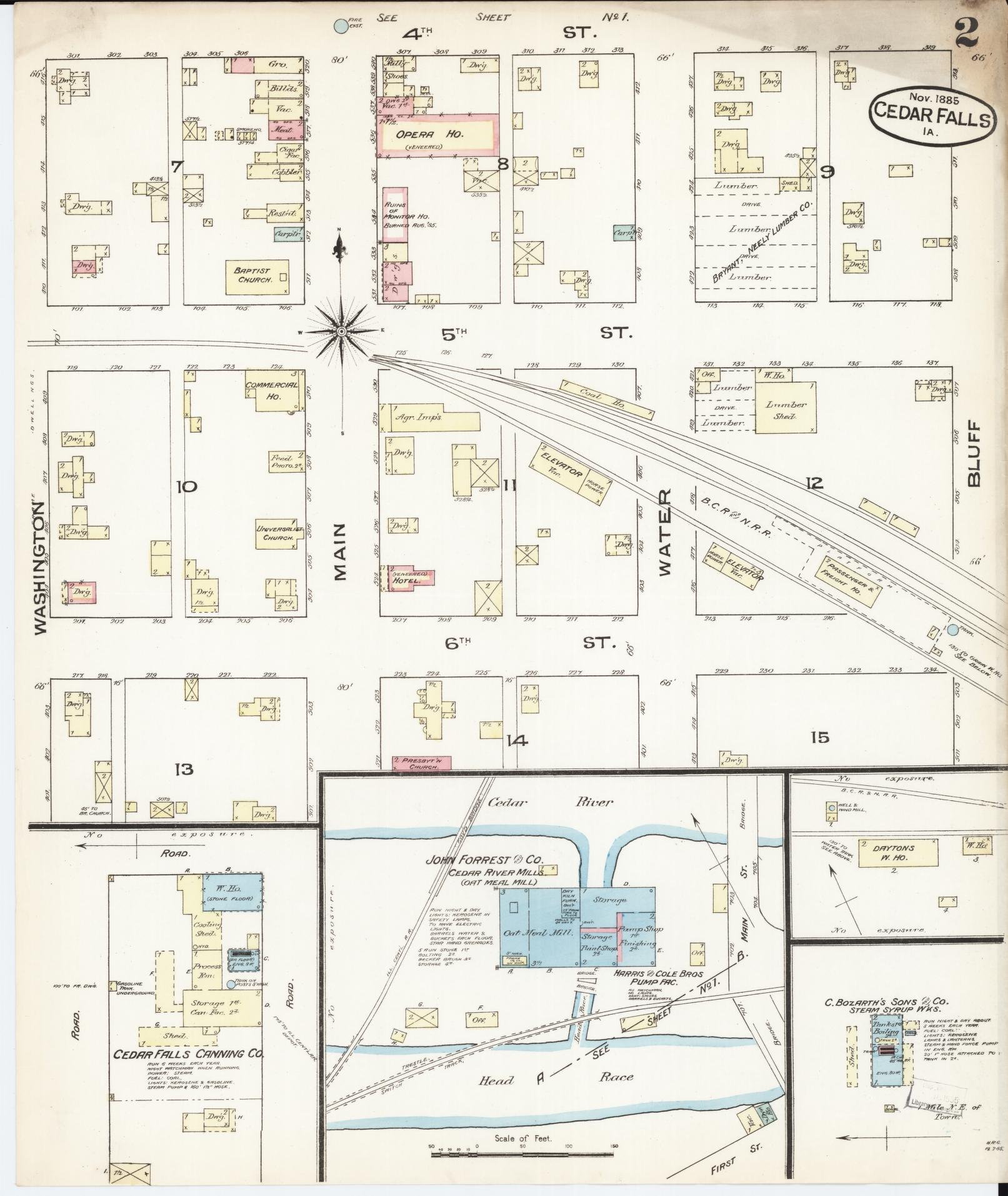 Sanborn Fire Insurance Map from Cedar Falls, Black Hawk County, Iowa (1885), Sheet #0002 - Historic Sanborn Fire Insurance Map Print, vintage old map wall art
