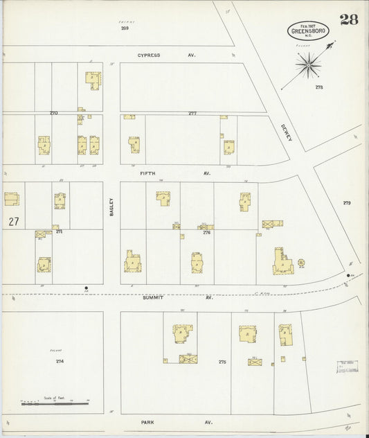 Sanborn Fire Insurance Map from Greensboro, Guilford County, North Carolina (1907), Sheet #0028 - Historic Sanborn Fire Insurance Map Print, vintage old map wall art, antique decor, genealogy gift, North Carolina North Carolina map