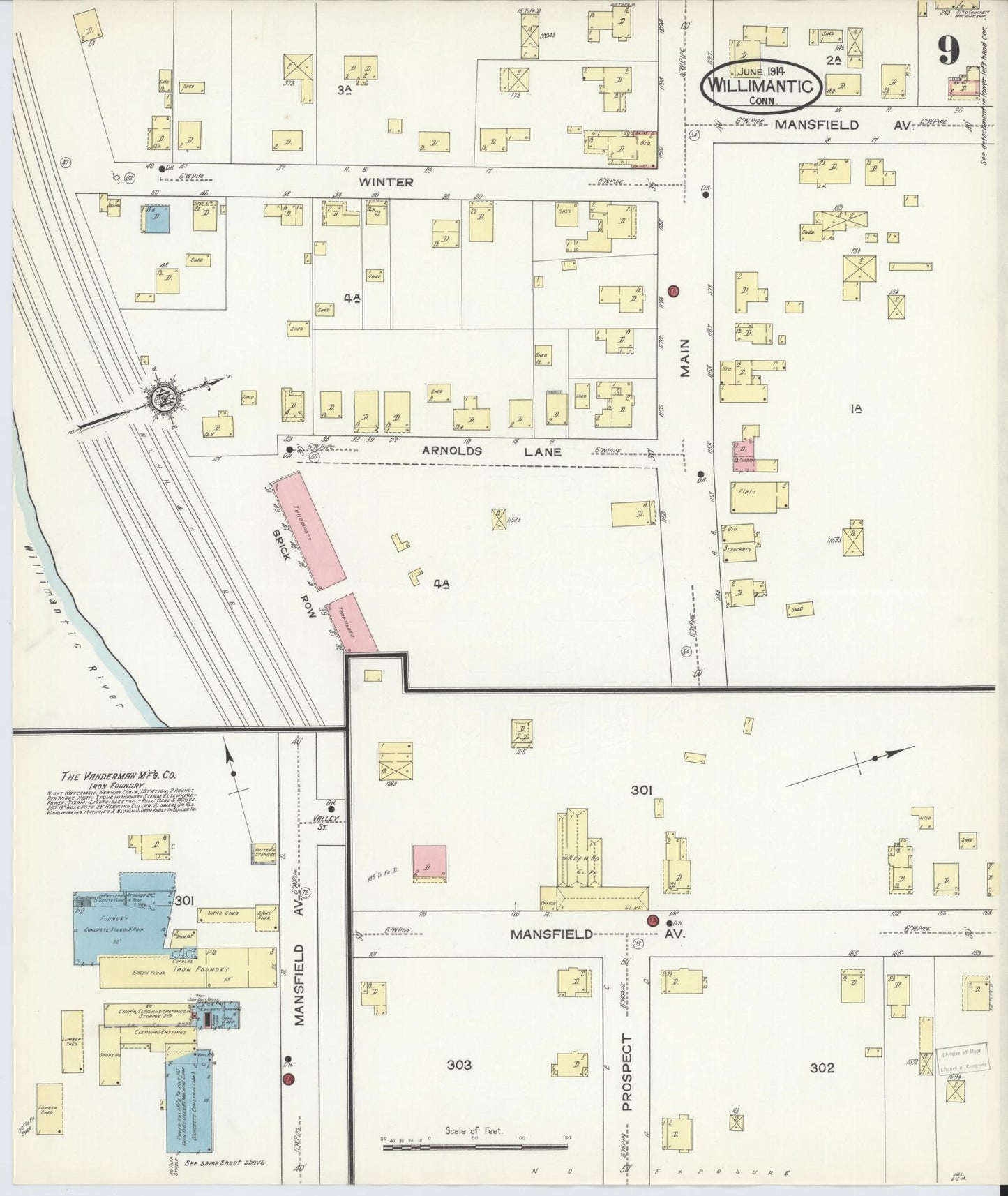 Sanborn Fire Insurance Map from Willimantic, Windham County, Connecticut (1914), Sheet #0009 - Historic Sanborn Fire Insurance Map Print, vintage old map wall art, antique decor, genealogy gift, Connecticut Connecticut map