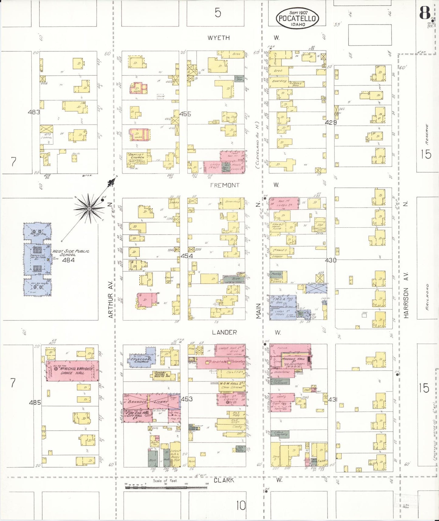 Sanborn Fire Insurance Map from Pocatello, Bannock County, Idaho (1907), Sheet #0008 - Complete Map Set gallery image, historic Sanborn map, vintage wall art, Idaho Idaho