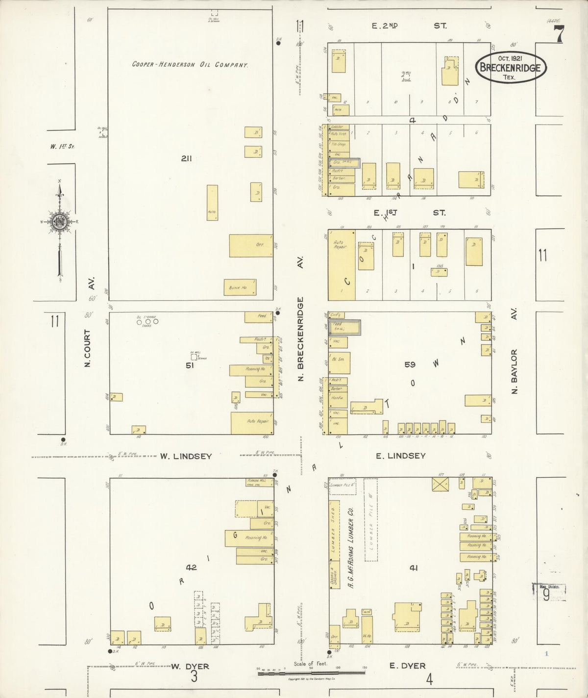 Sanborn Fire Insurance Map from Breckenridge, Stephens County, Texas (1921), Sheet #0007 - Complete Map Set gallery image, historic Sanborn map, vintage wall art, Texas Texas