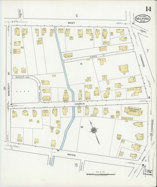 Sanborn Fire Insurance Map from Milford, Worcester County, Massachusetts (1920), Sheet #0014 - Historic Sanborn Fire Insurance Map Print, vintage old map wall art, antique decor, genealogy gift, Massachusetts Massachusetts map