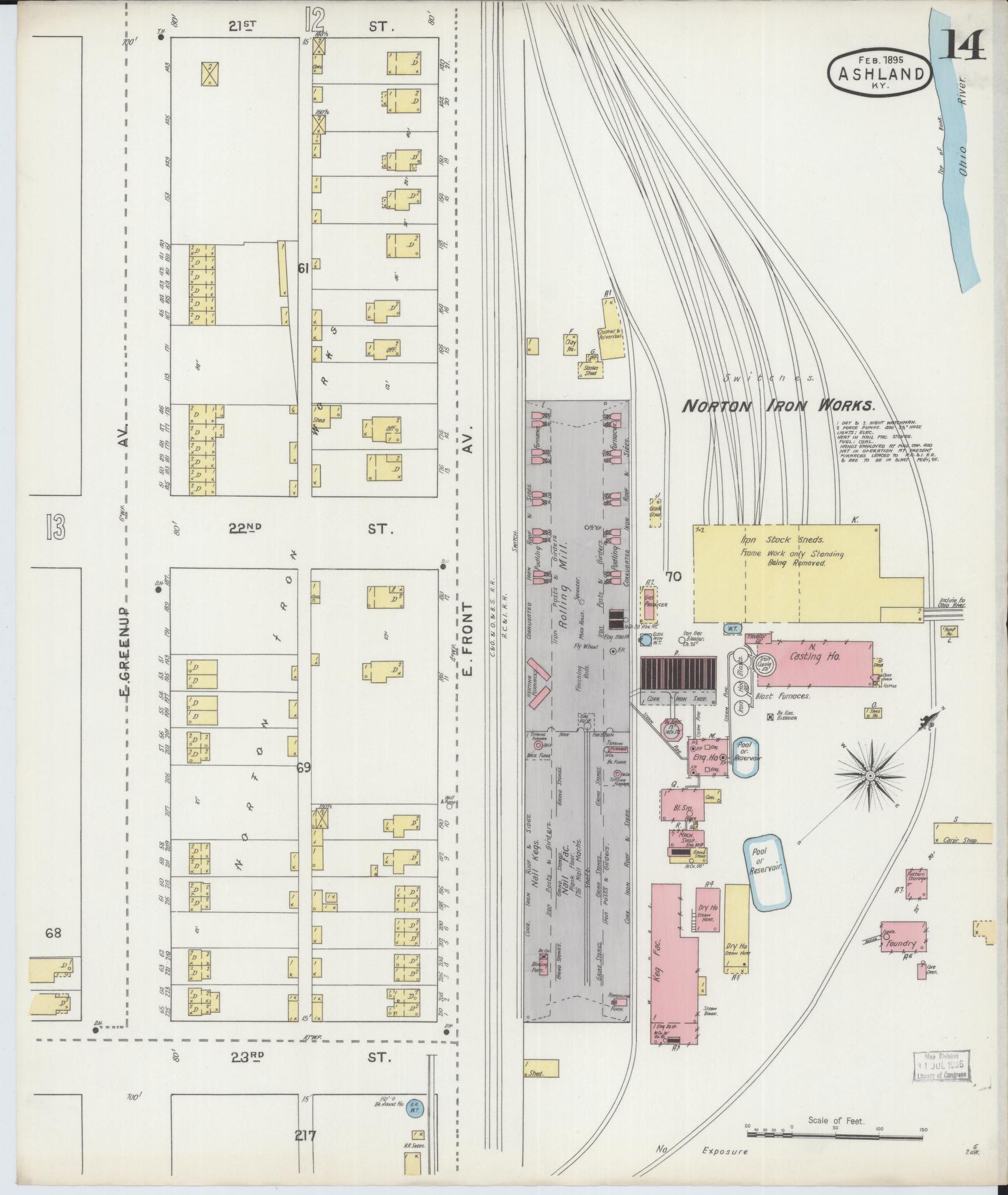 Sanborn Fire Insurance Map from Ashland, Boyd County, Kentucky (1895), Sheet #0014 - Historic Sanborn Fire Insurance Map Print, vintage old map wall art, antique decor, genealogy gift, Kentucky Kentucky map