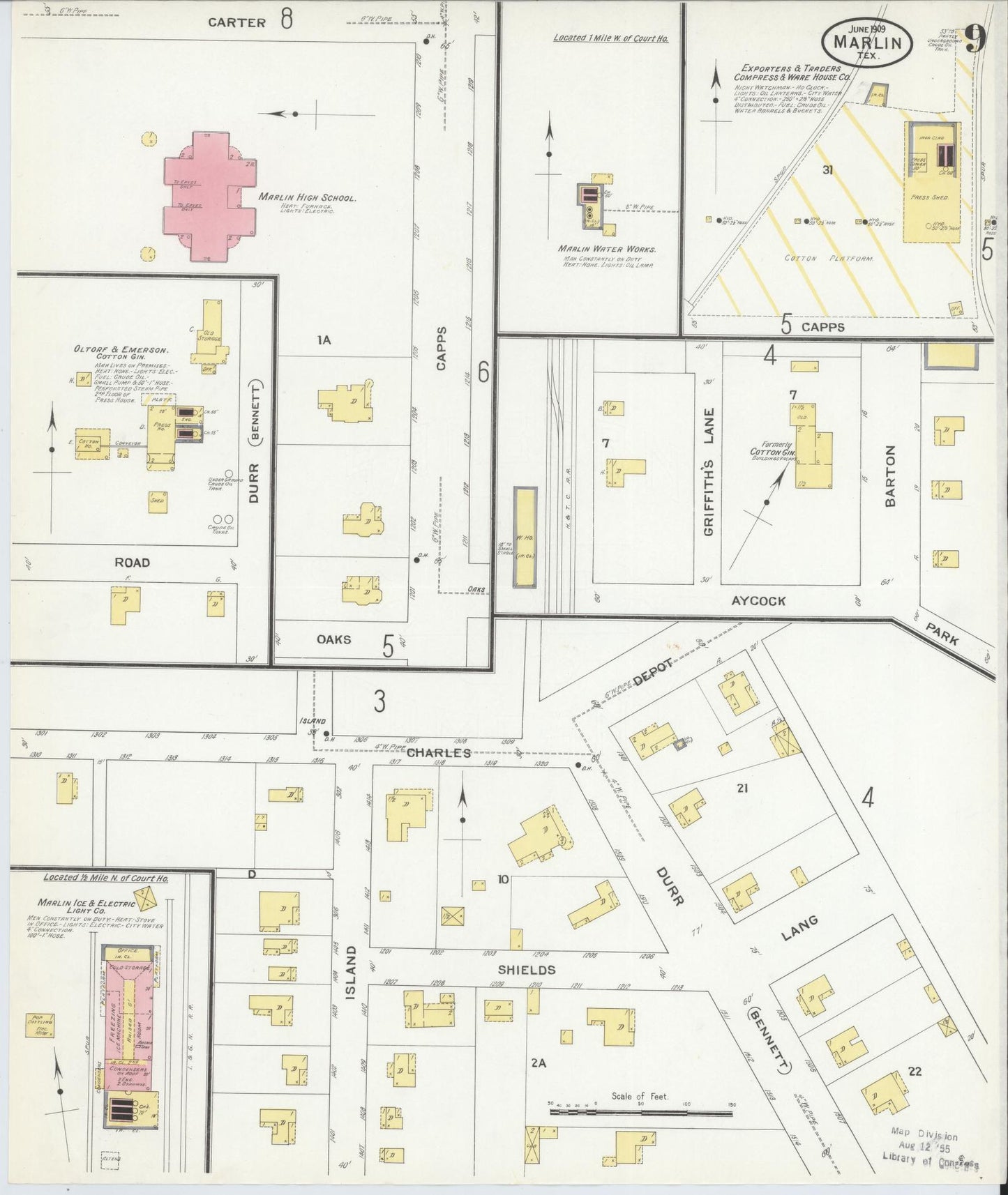Sanborn Fire Insurance Map from Marlin, Falls County, Texas (1909), Sheet #0009 - Historic Sanborn Fire Insurance Map Print, vintage old map wall art, antique decor, genealogy gift, Texas Texas map