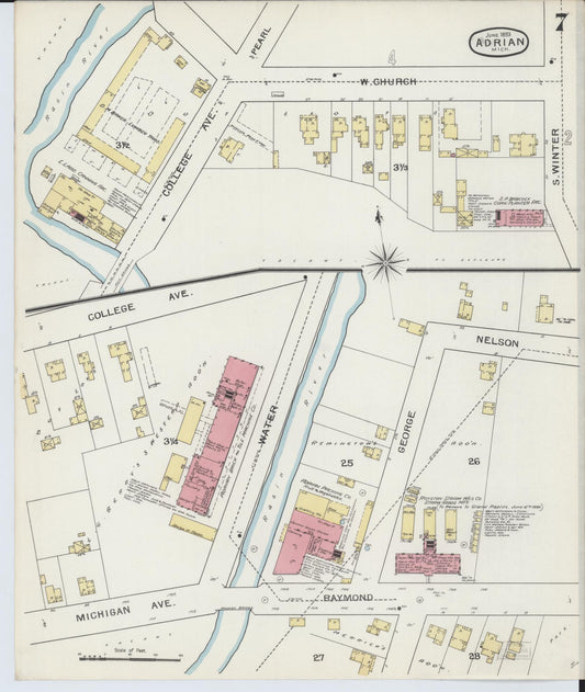 Sanborn Fire Insurance Map from Adrian, Lenawee County, Michigan (1893), Sheet #0007 - Historic Sanborn Fire Insurance Map Print, vintage old map wall art, antique decor, genealogy gift, Michigan Michigan map