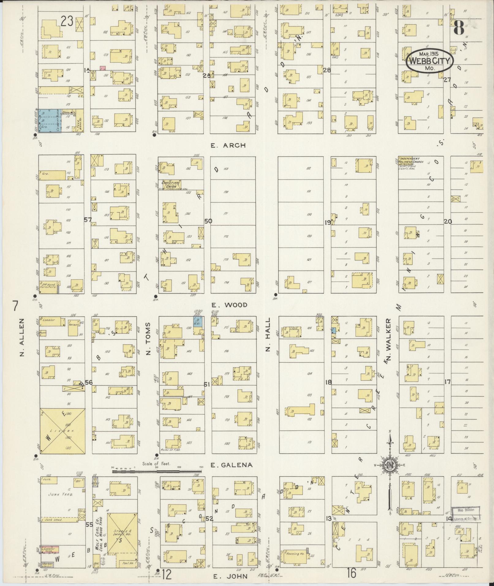 Sanborn Fire Insurance Map from Webb City, Jasper County, Missouri (1915), Sheet #0008 - Historic Sanborn Fire Insurance Map Print, vintage old map wall art, antique decor, genealogy gift, Missouri Missouri map