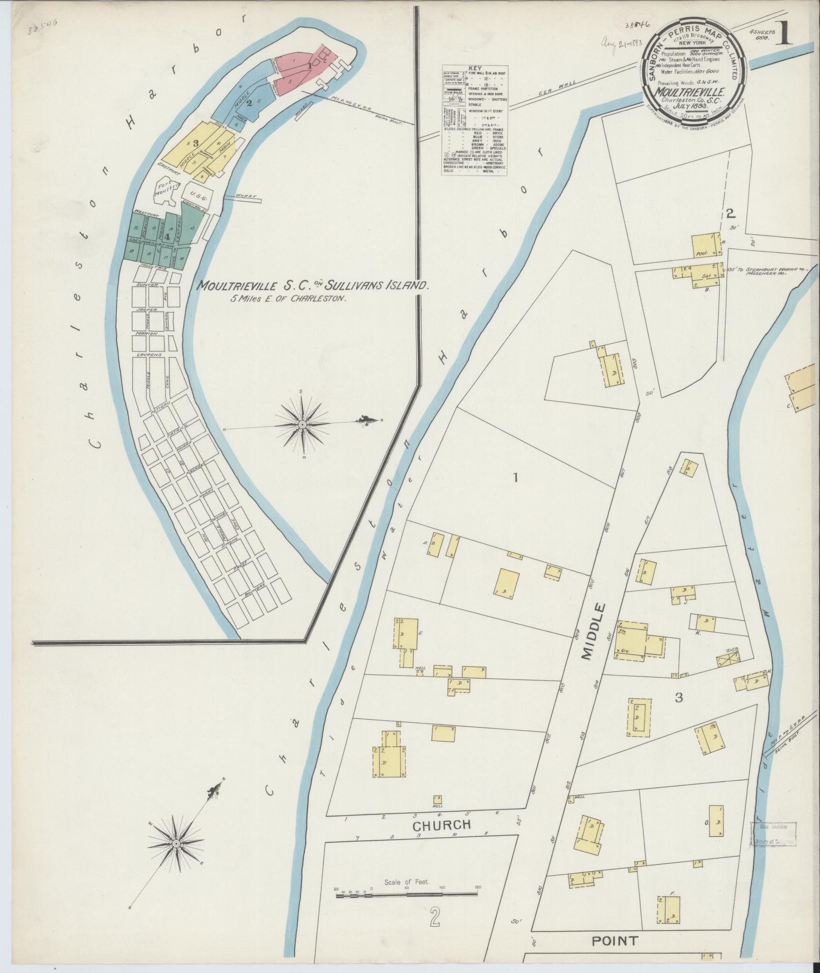 Sanborn Fire Insurance Map from Moultrieville, Charleston County, South Carolina (1893), Sheet #0001 - Historic Sanborn Fire Insurance Map Print, vintage old map wall art, antique decor, genealogy gift, South Carolina South Carolina map