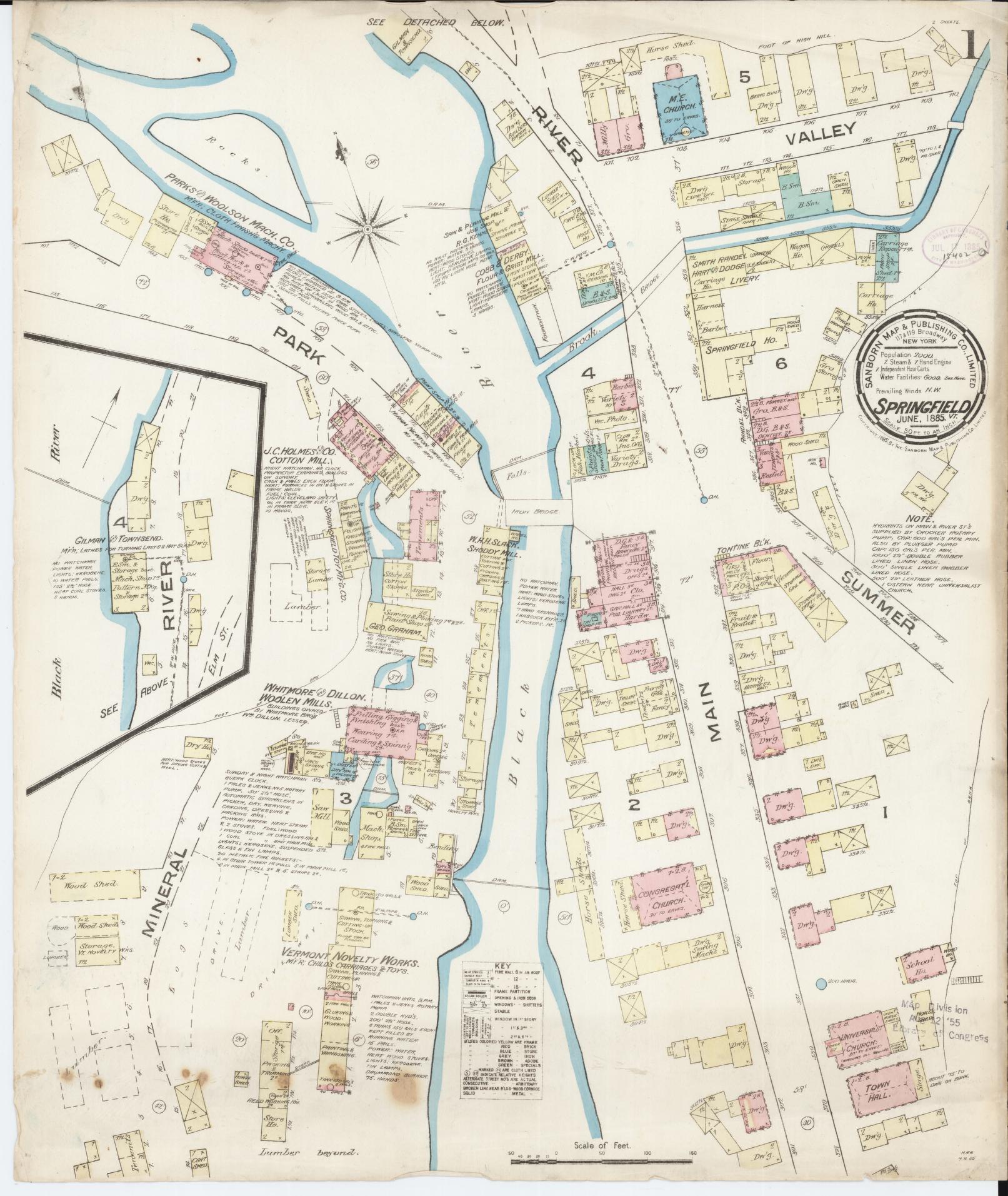 Sanborn Fire Insurance Map from Springfield, Windsor County, Vermont (1885), Sheet #0001 - Historic Sanborn Fire Insurance Map Print, vintage old map wall art, antique decor, genealogy gift, Vermont Vermont map