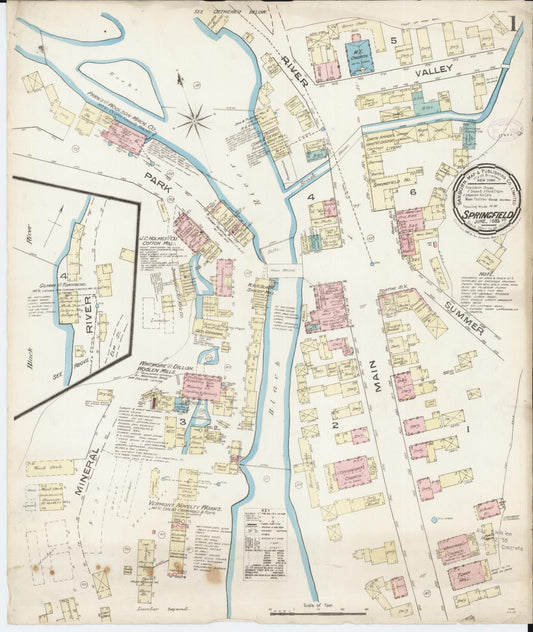 Sanborn Fire Insurance Map from Springfield, Windsor County, Vermont (1885), Sheet #0001 - Historic Sanborn Fire Insurance Map Print, vintage old map wall art, antique decor, genealogy gift, Vermont Vermont map