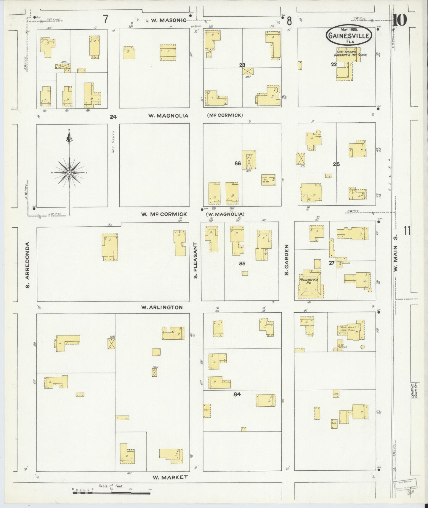 Sanborn Fire Insurance Map from Gainesville, Alachua County, Florida (1909), Sheet #0010 - Historic Sanborn Fire Insurance Map Print, vintage old map wall art, antique decor, genealogy gift, Florida Florida map