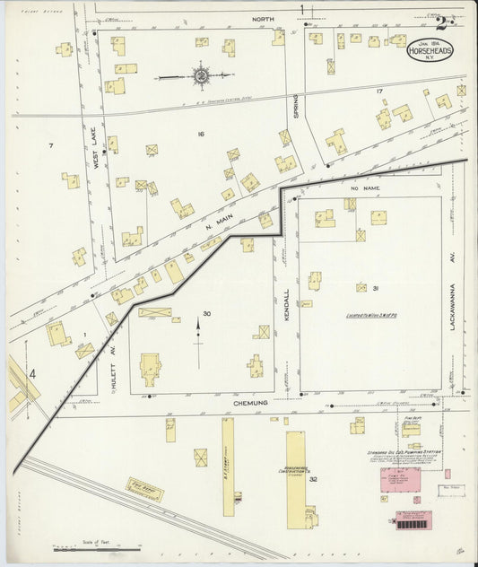 Sanborn Fire Insurance Map from Horseheads, Chemung County, New York (1914), Sheet #0002 - Historic Sanborn Fire Insurance Map Print, vintage old map wall art, antique decor, genealogy gift, New York New York map
