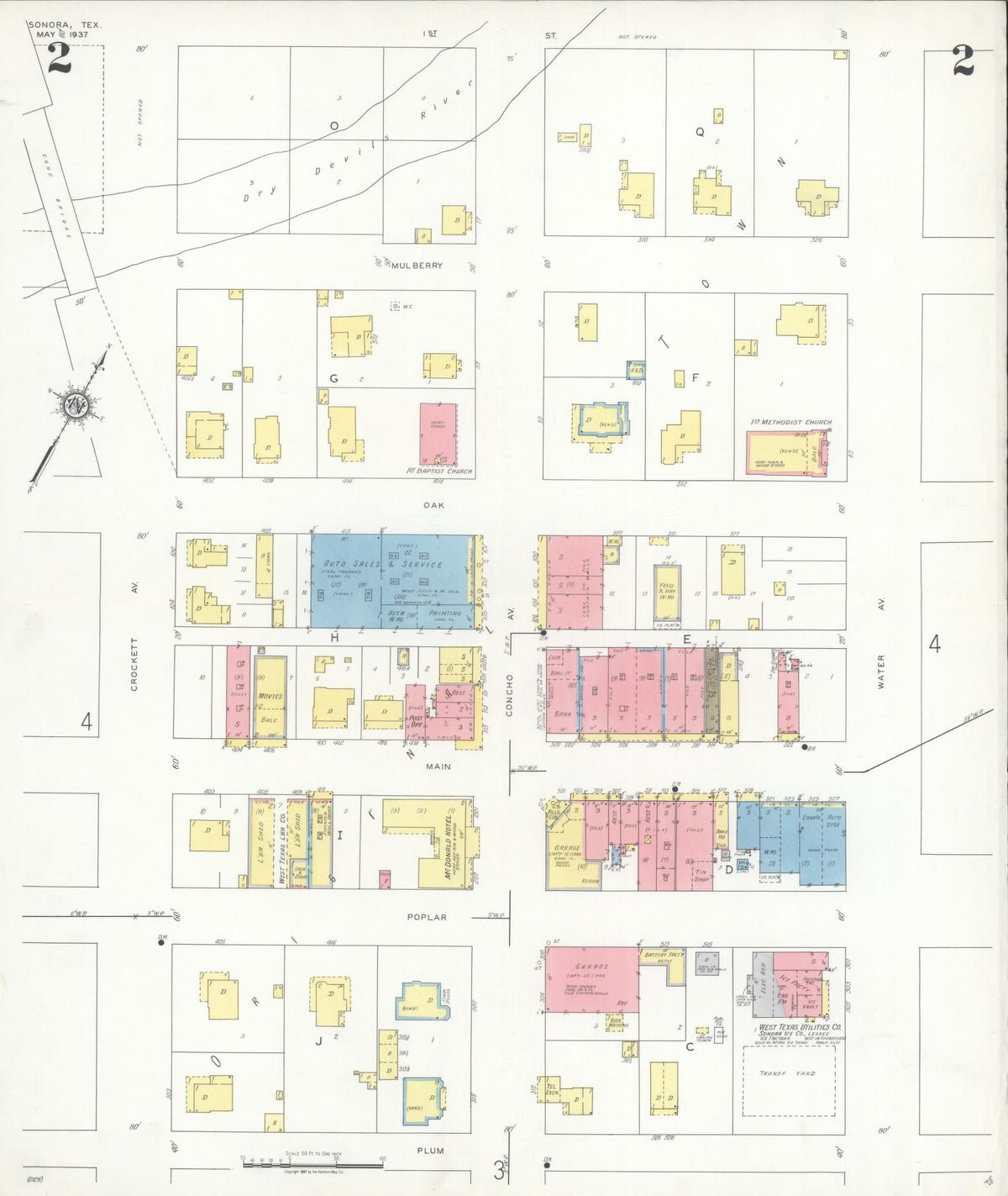 Sanborn Fire Insurance Map from Sonora, Sutton County, Texas (1937), Sheet #0002 - Historic Sanborn Fire Insurance Map Print, vintage old map wall art, antique decor, genealogy gift, Texas Texas map