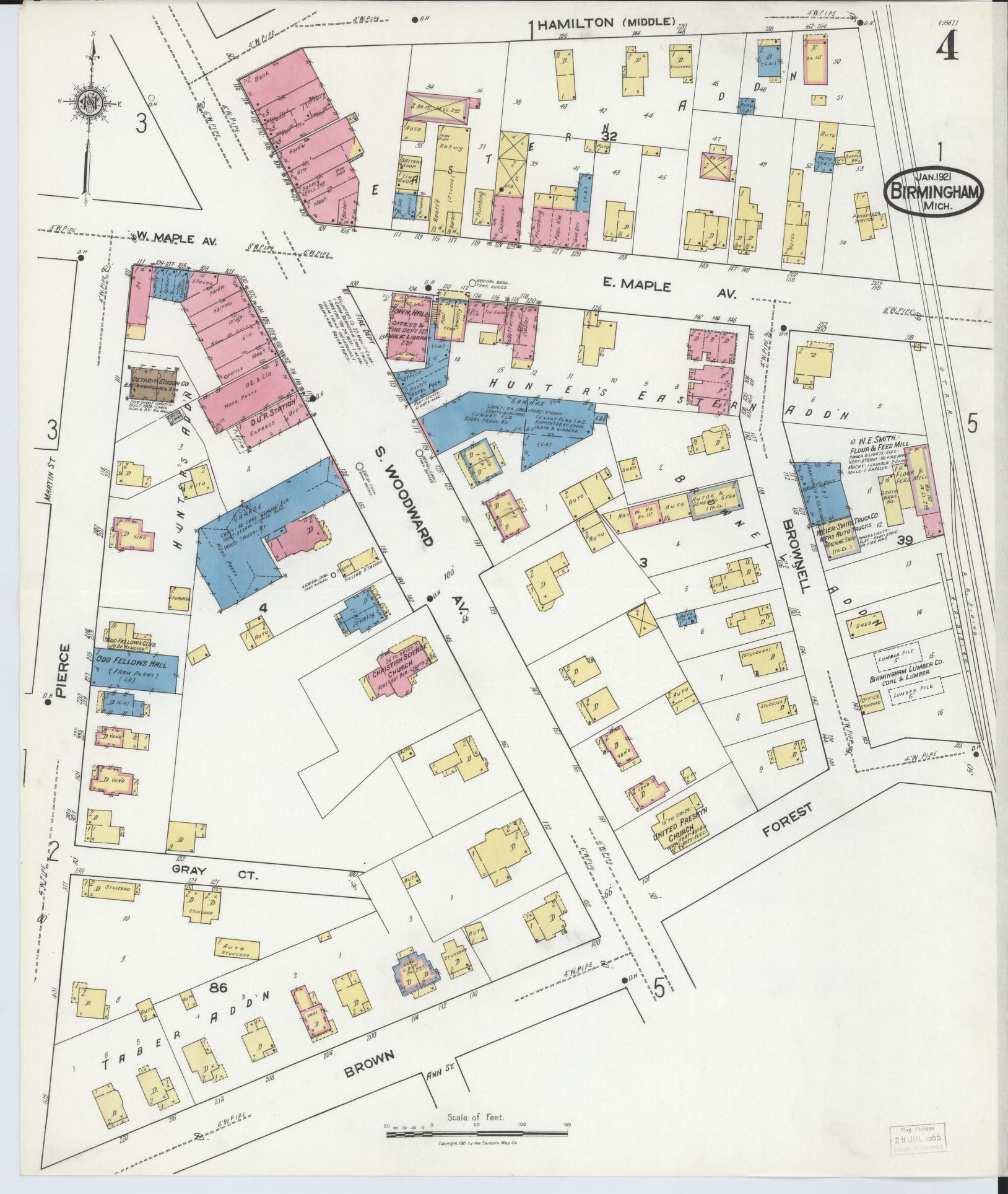 Sanborn Fire Insurance Map from Birmingham, Oakland County, Michigan (1921), Sheet #0004 - Historic Sanborn Fire Insurance Map Print, vintage old map wall art, antique decor, genealogy gift, Michigan Michigan map