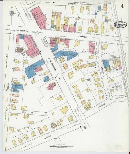 Sanborn Fire Insurance Map from Birmingham, Oakland County, Michigan (1921), Sheet #0004 - Historic Sanborn Fire Insurance Map Print, vintage old map wall art, antique decor, genealogy gift, Michigan Michigan map