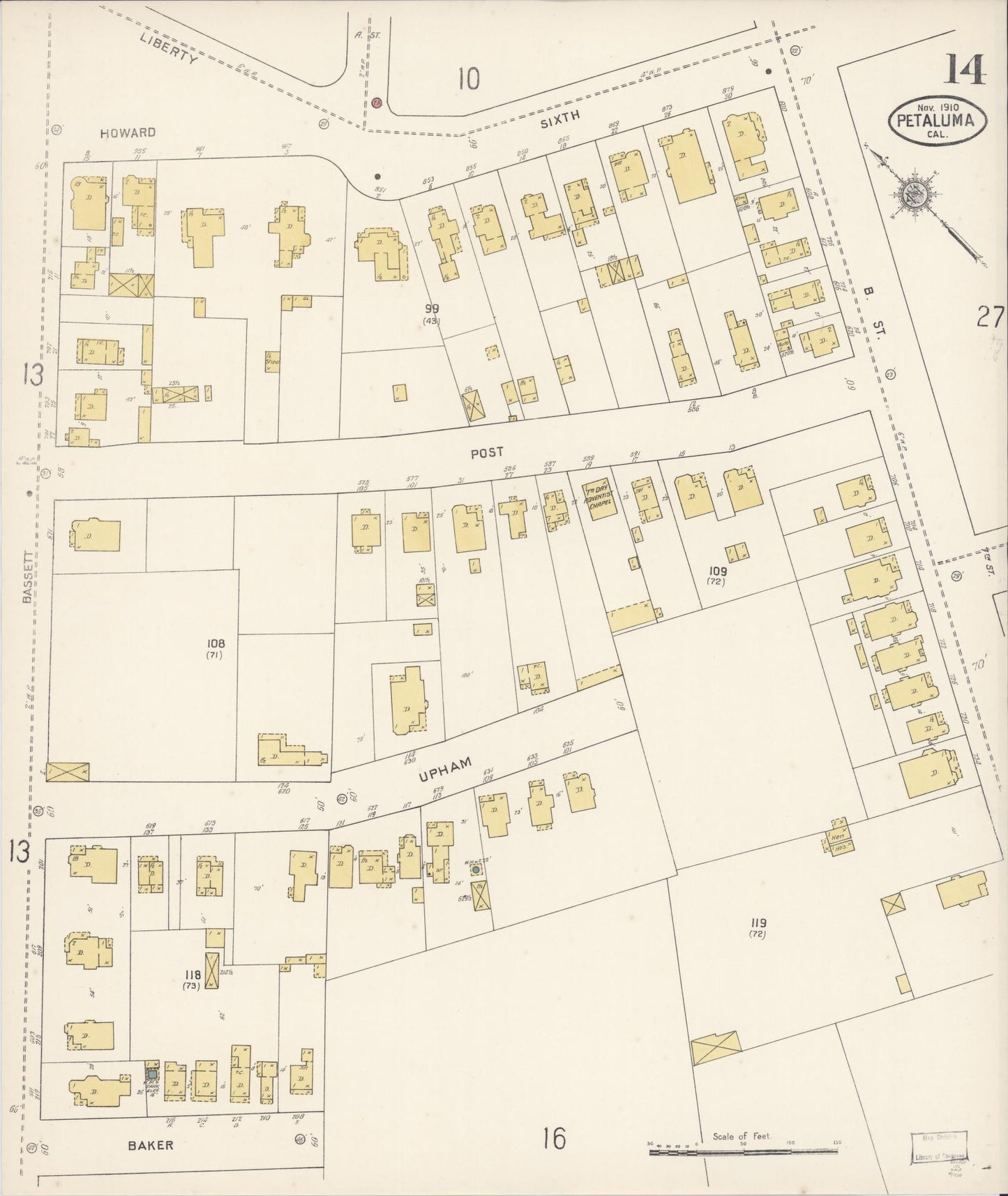 Sanborn Fire Insurance Map from Petaluma, Sonoma County, California (1910), Sheet #0014 - Complete Map Set gallery image, historic Sanborn map, vintage wall art, California California