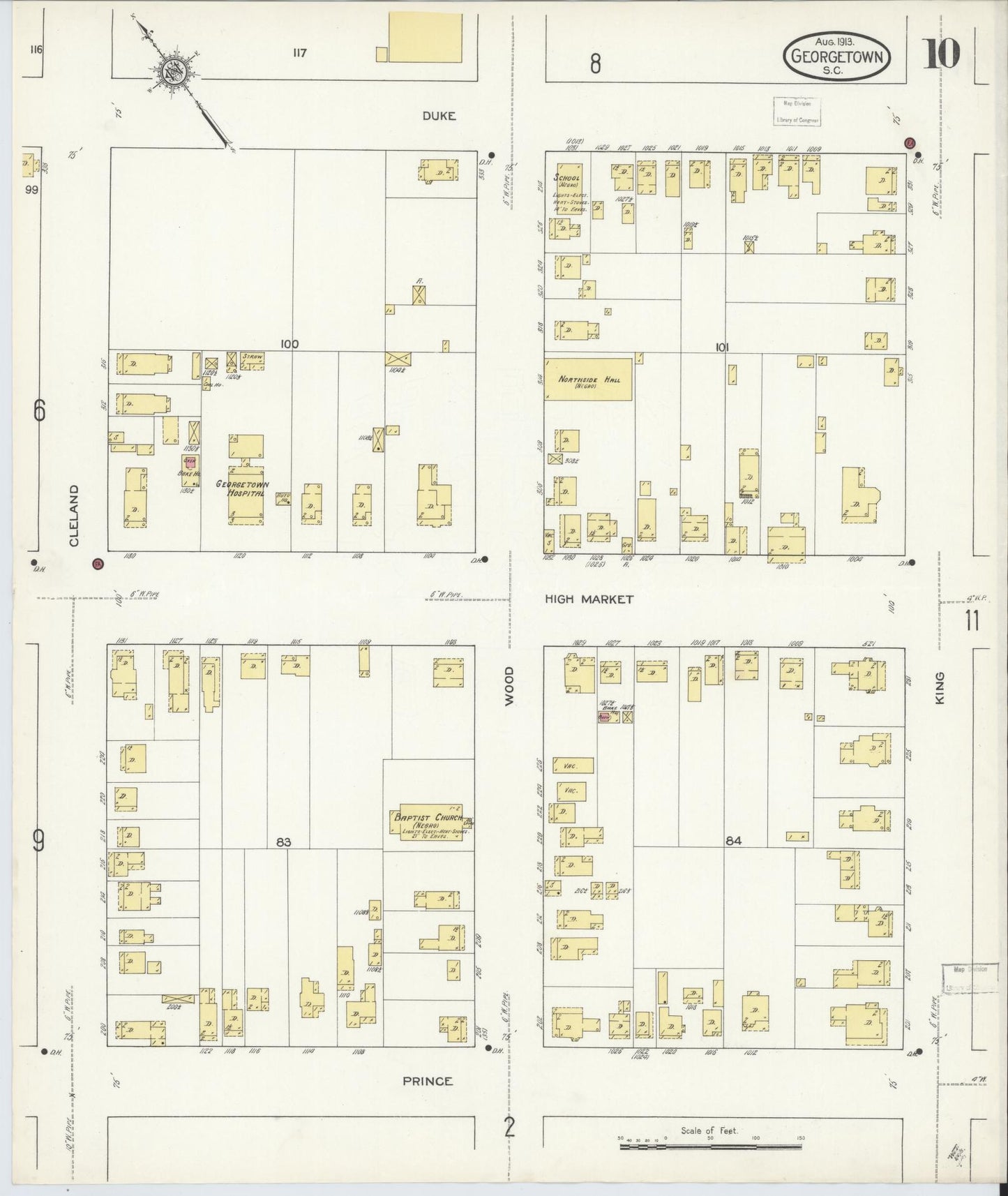 Sanborn Fire Insurance Map from Georgetown, Georgetown County, South Carolina (1913), Sheet #0010 - Historic Sanborn Fire Insurance Map Print, vintage old map wall art, antique decor, genealogy gift, South Carolina South Carolina map