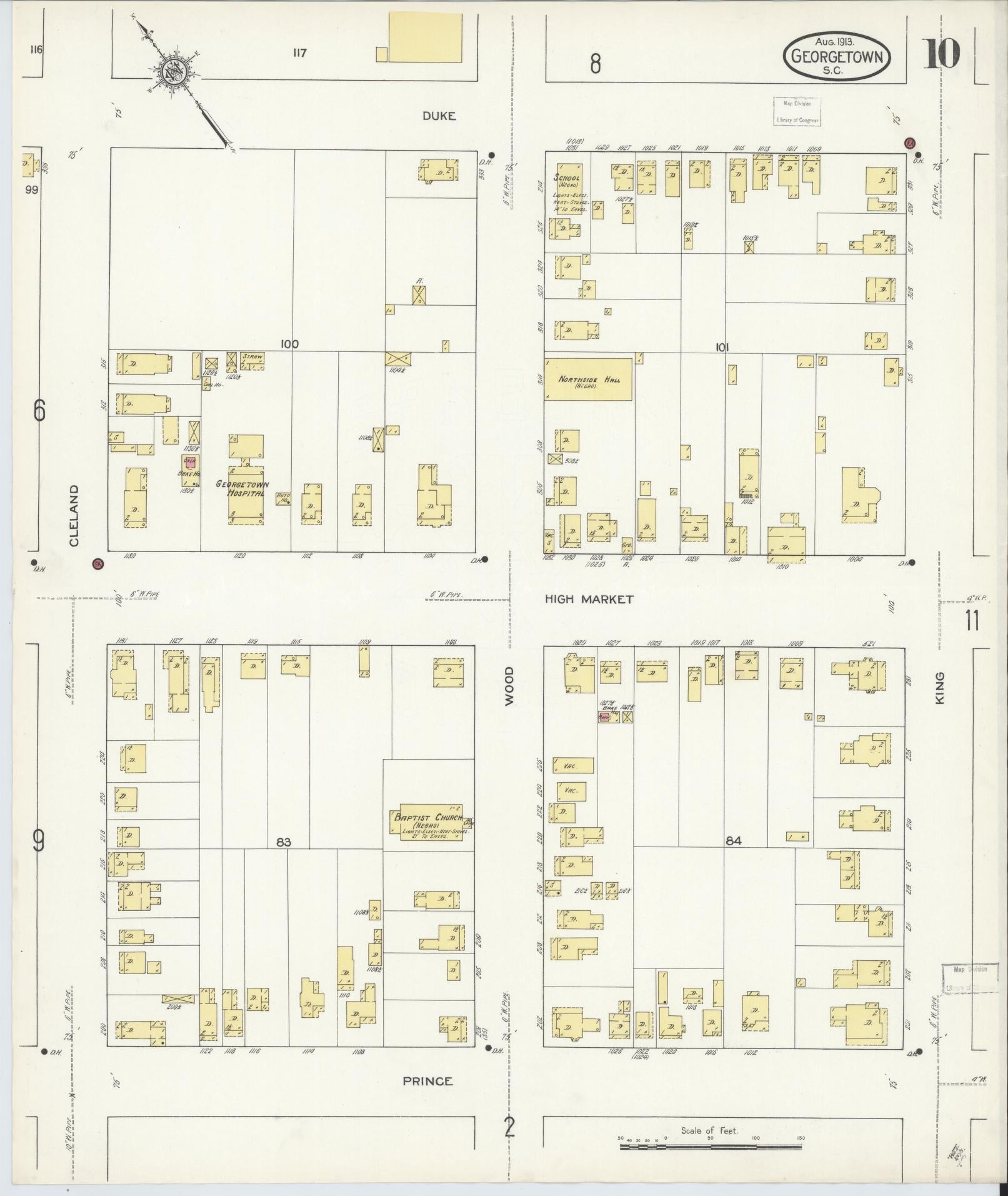 Sanborn Fire Insurance Map from Georgetown, Georgetown County, South Carolina (1913), Sheet #0010 - Historic Sanborn Fire Insurance Map Print, vintage old map wall art, antique decor, genealogy gift, South Carolina South Carolina map