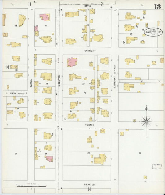 Sanborn Fire Insurance Map from Gainesville, Cooke County, Texas (1902), Sheet #0013 - Historic Sanborn Fire Insurance Map Print, vintage old map wall art, antique decor, genealogy gift, Texas Texas map
