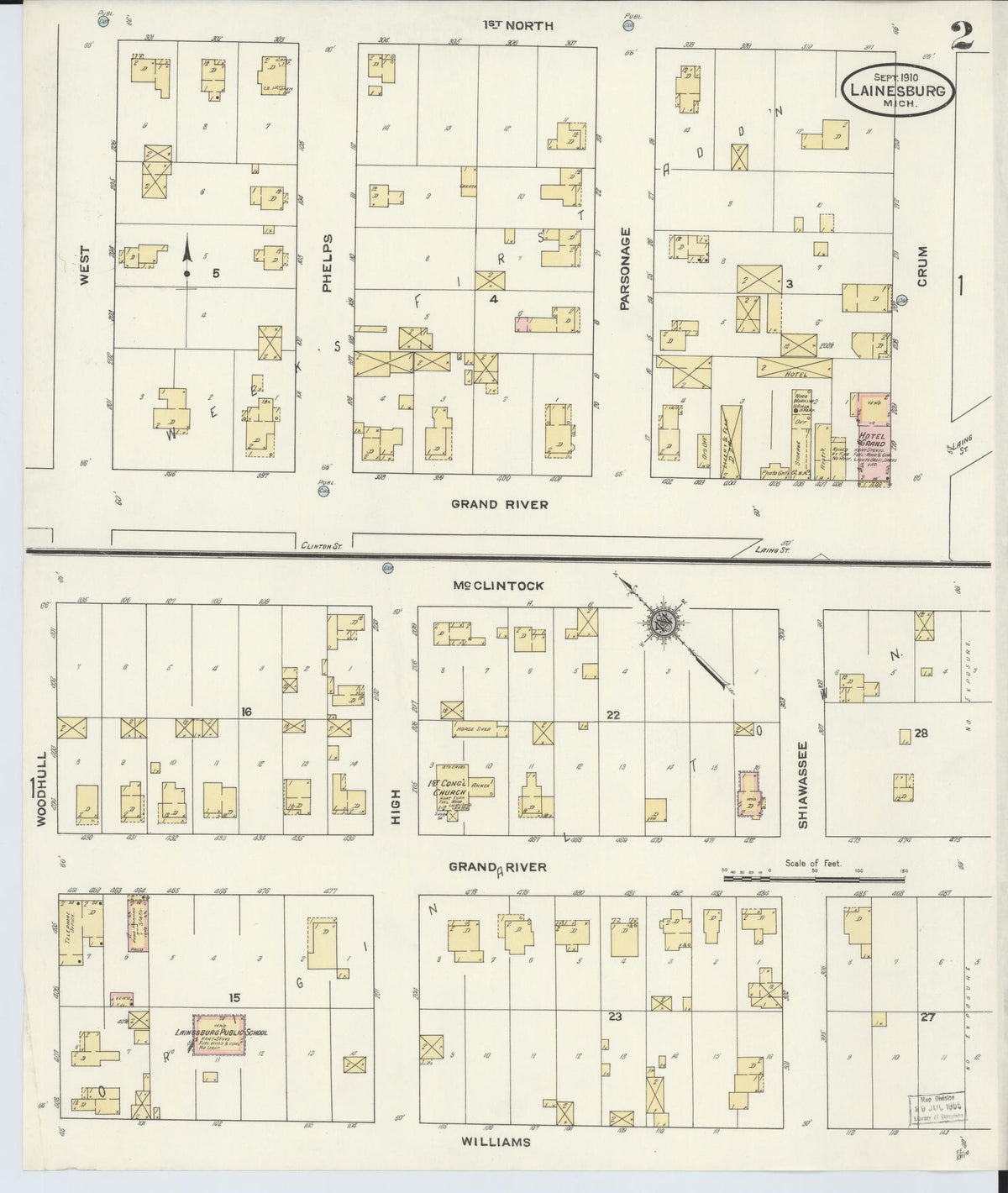 Sanborn Fire Insurance Map from Laingsburg, Shiawassee County, Michigan (1910), Sheet #0002 - Historic Sanborn Fire Insurance Map Print, vintage old map wall art, antique decor, genealogy gift, Michigan Michigan map