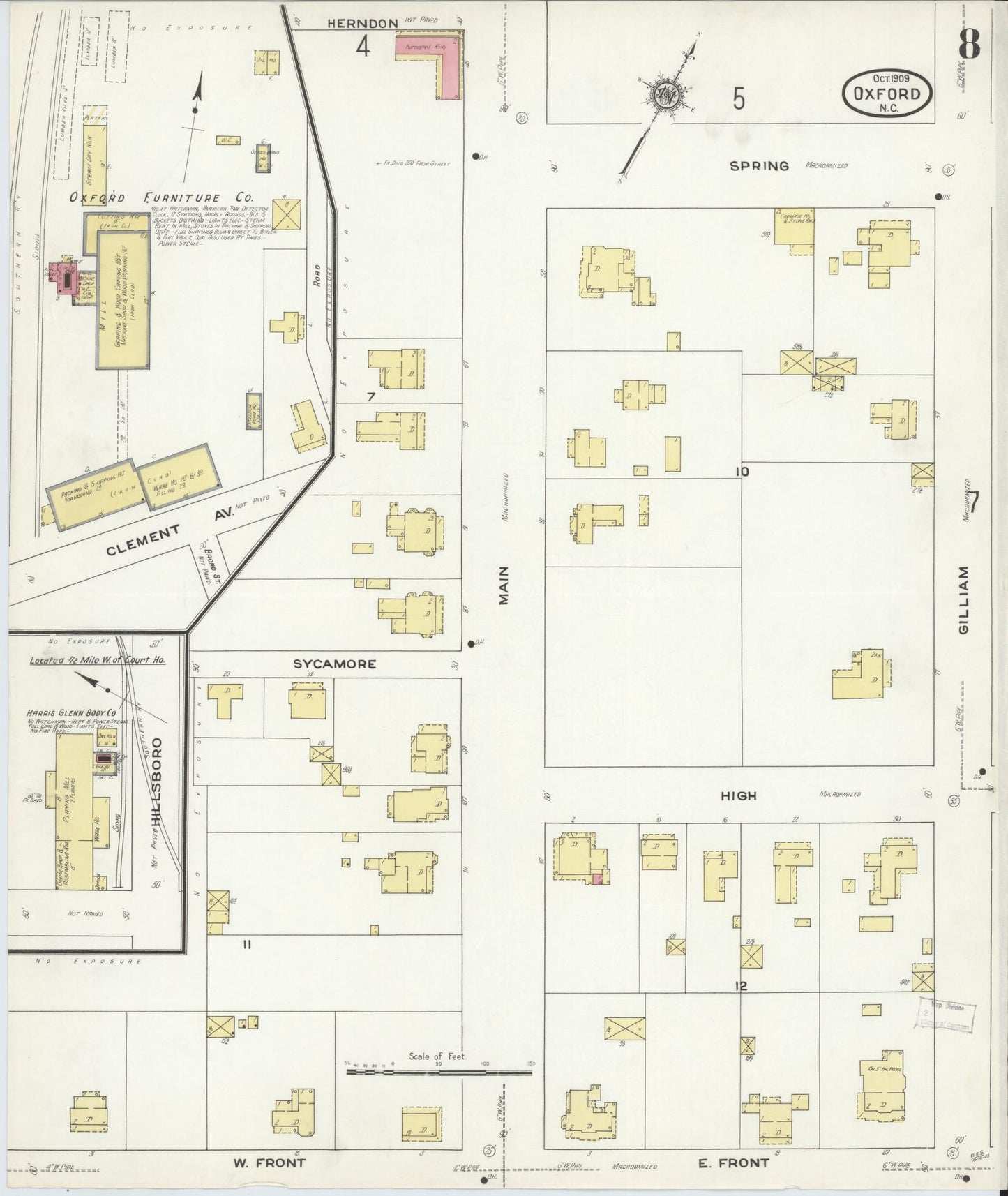 Sanborn Fire Insurance Map from Oxford, Granville County, North Carolina (1909), Sheet #0008 - Complete Map Set gallery image, historic Sanborn map, vintage wall art, North Carolina North Carolina