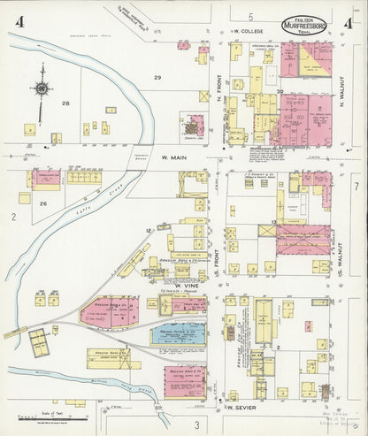 Sanborn Fire Insurance Map from Murfreesboro, Rutherford County, Tennessee (1924), Sheet #0004 - Complete Map Set gallery image, historic Sanborn map, vintage wall art, Tennessee Tennessee